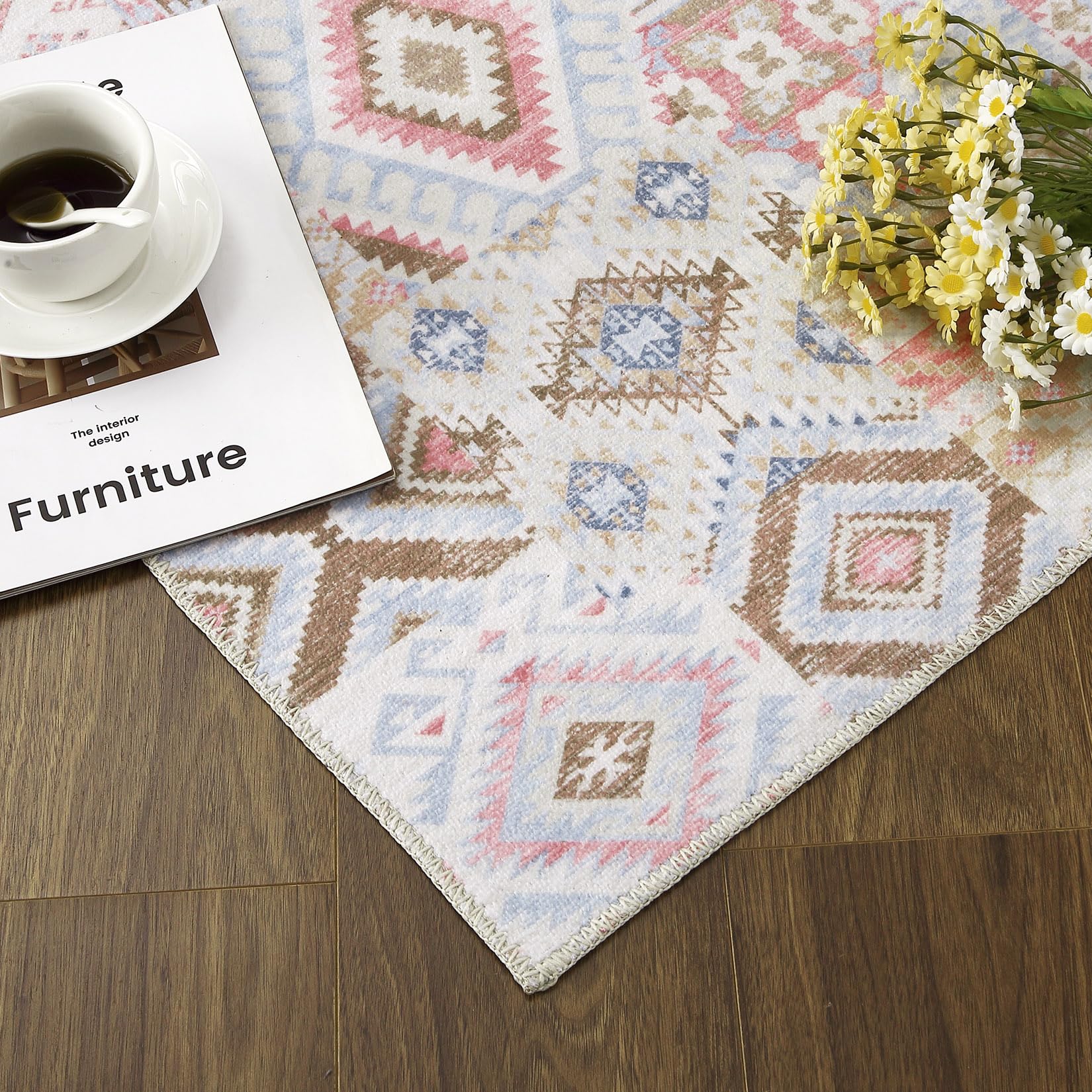 Garvee Boho Runner Rugs 2x6 Washable Entryway Runners Ultra-Thin Non-Slip Hallway Rug Runner Bohemian Floral Printed Area Rug Aesthetic Accent Rug Oriental Distressed Low Pile Floor Carpet Pink - Image 4