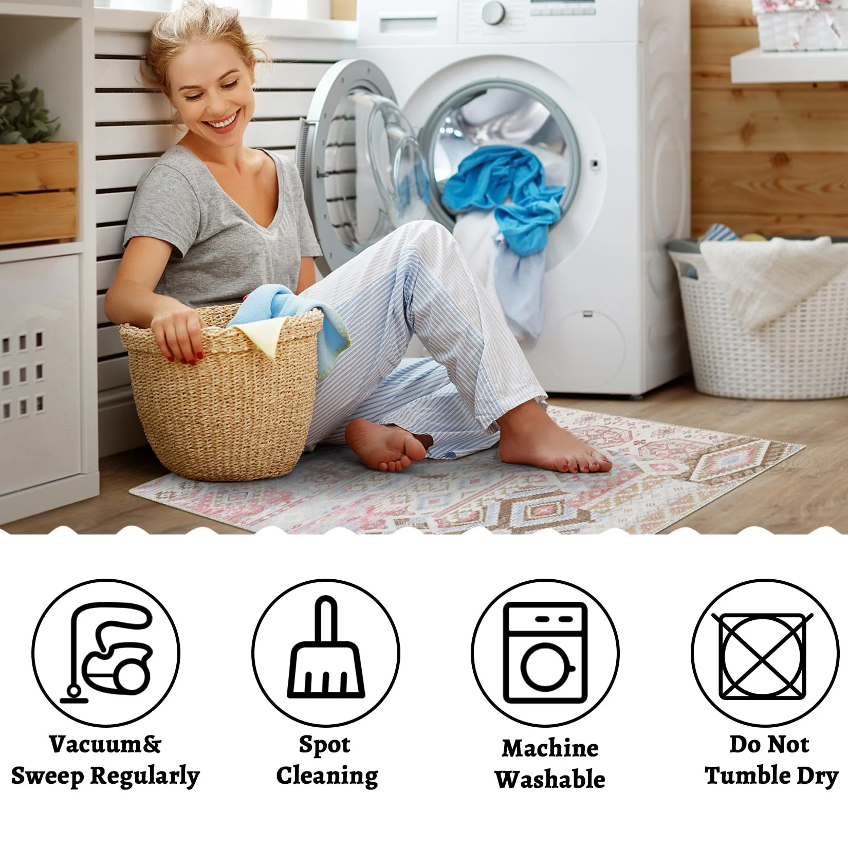 Garvee Boho Runner Rugs 2x6 Washable Entryway Runners Ultra-Thin Non-Slip Hallway Rug Runner Bohemian Floral Printed Area Rug Aesthetic Accent Rug Oriental Distressed Low Pile Floor Carpet Pink - Image 7