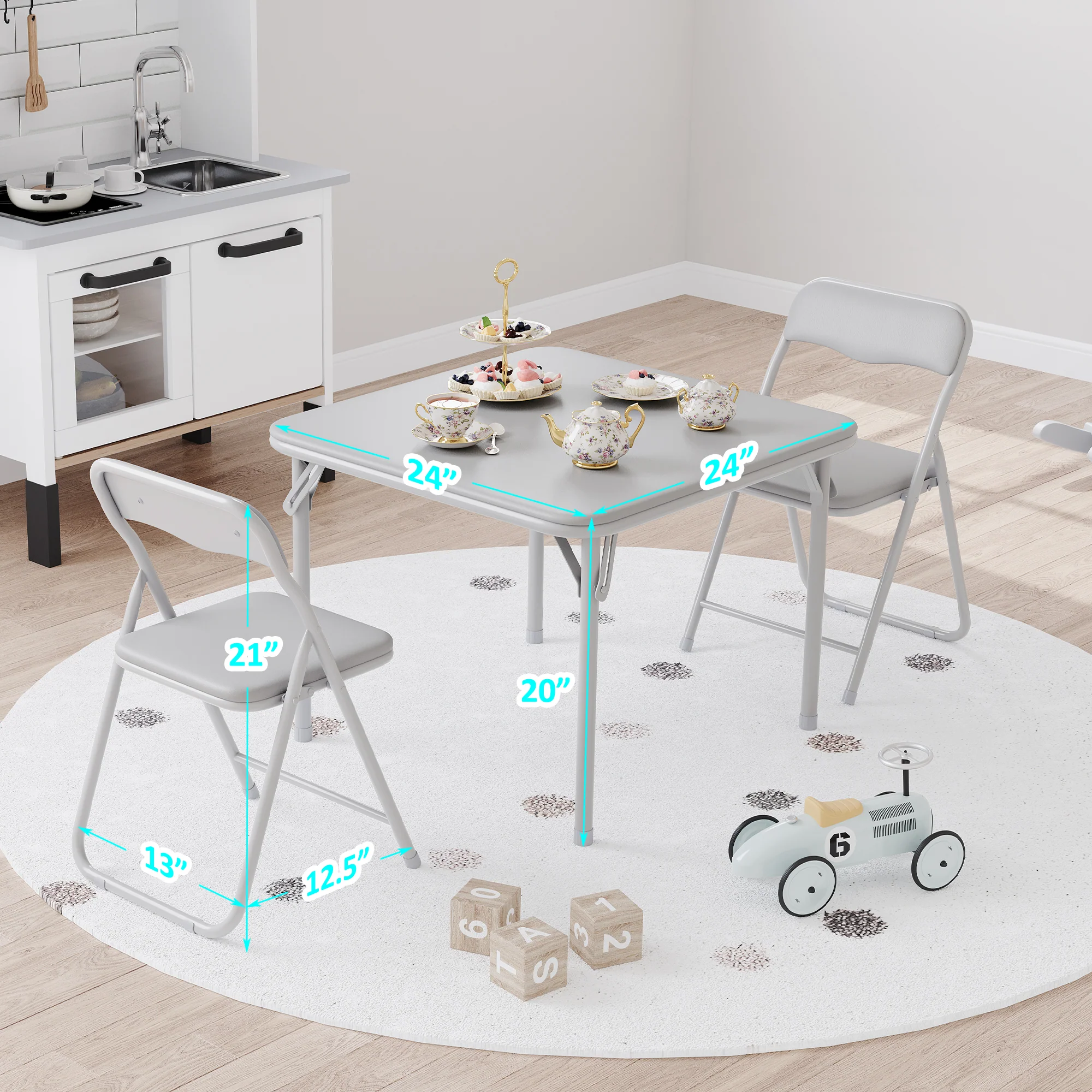 Garvee Boys and Girls Folding Table and Chairs Set of 3, Portable Table and Chair with Pu Soft Cushion, No Installation Required, Suitable for Eating, Reading and Playing, Grey - Image 3