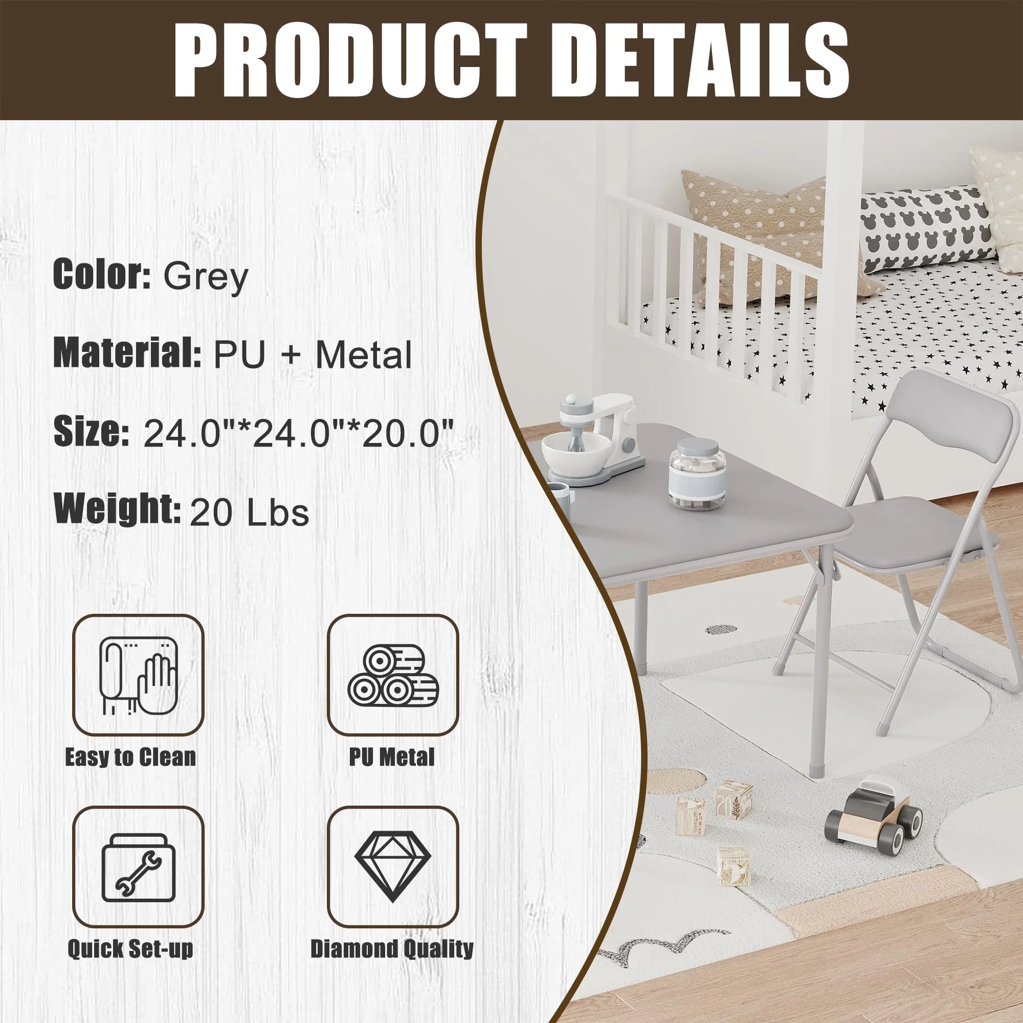 Garvee Boys and Girls Folding Table and Chairs Set of 3, Portable Table and Chair with Pu Soft Cushion, No Installation Required, Suitable for Eating, Reading and Playing, Grey - Image 7