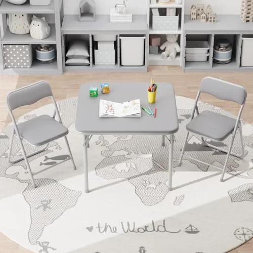 Garvee Boys and Girls Folding Table and Chairs Set of 3, Portable Table and Chair with Pu Soft Cushion, No Installation Required, Suitable for Eating, Reading and Playing, Grey - Image 9
