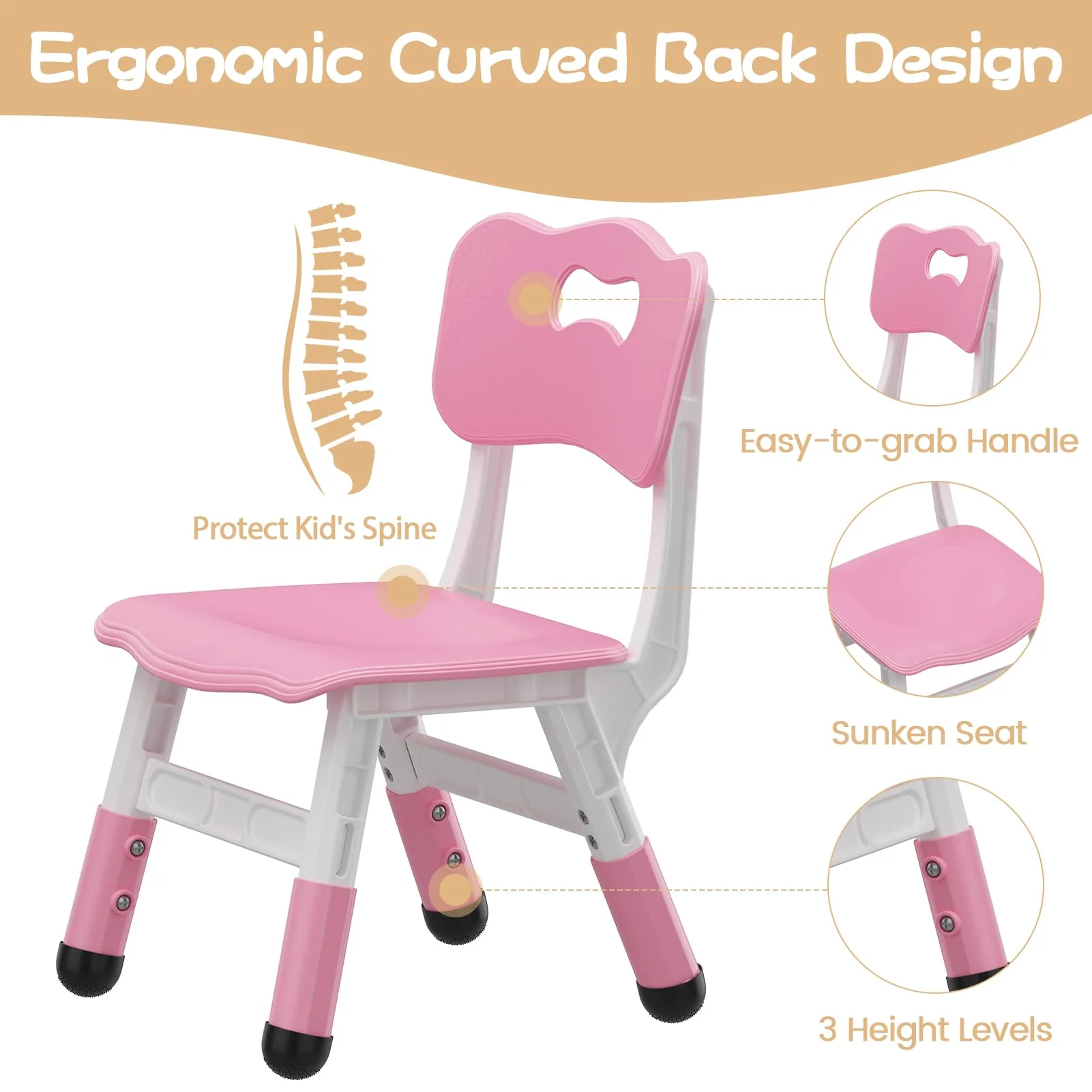 Garvee Set of 2 Kids Chairs in 3 Level Height Adjustable Design Suitable for Age 2-6 for Home Family Classroom Nursery Indoor Use, Pink - Image 5