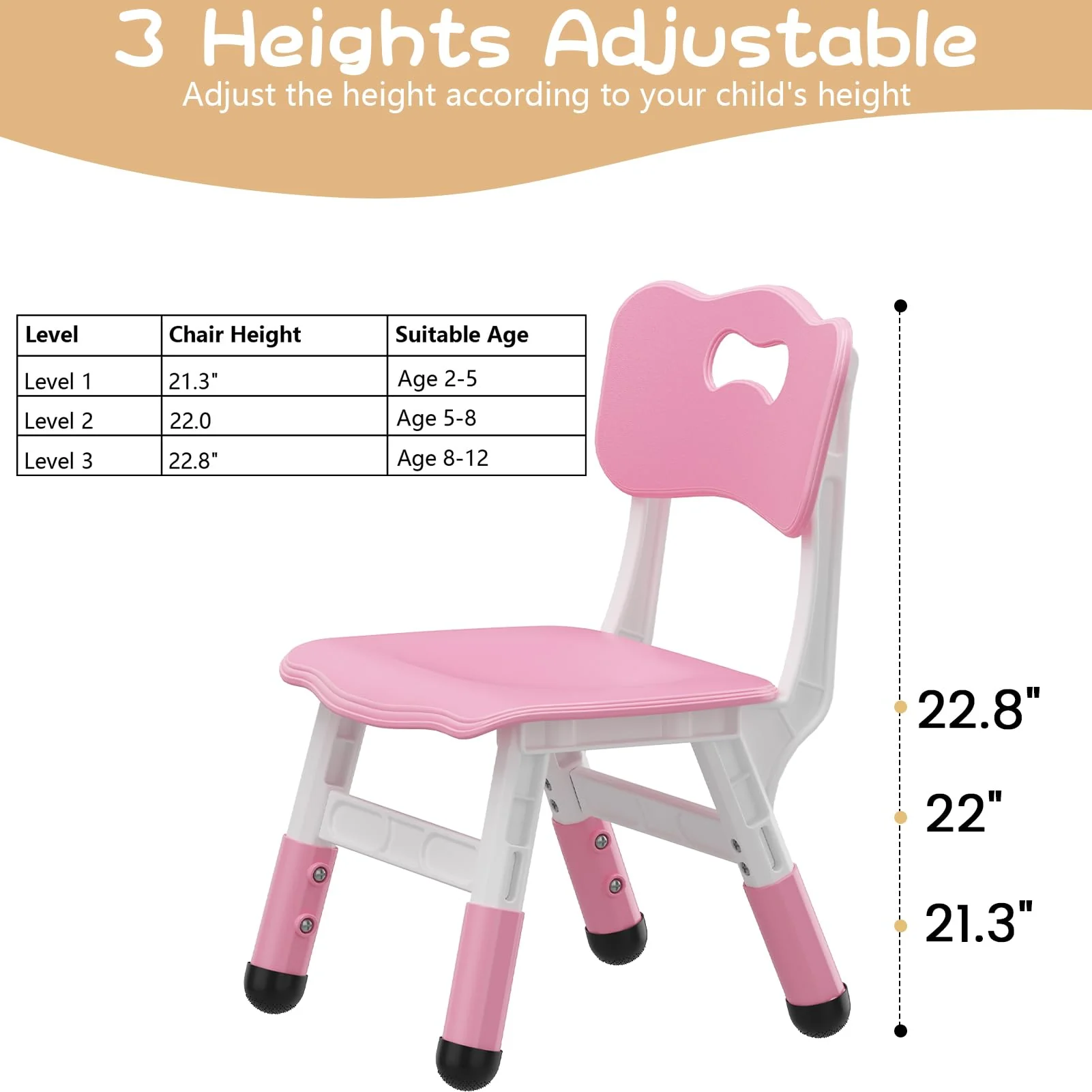 Garvee Set of 2 Kids Chairs in 3 Level Height Adjustable Design Suitable for Age 2-6 for Home Family Classroom Nursery Indoor Use, Pink - Image 8