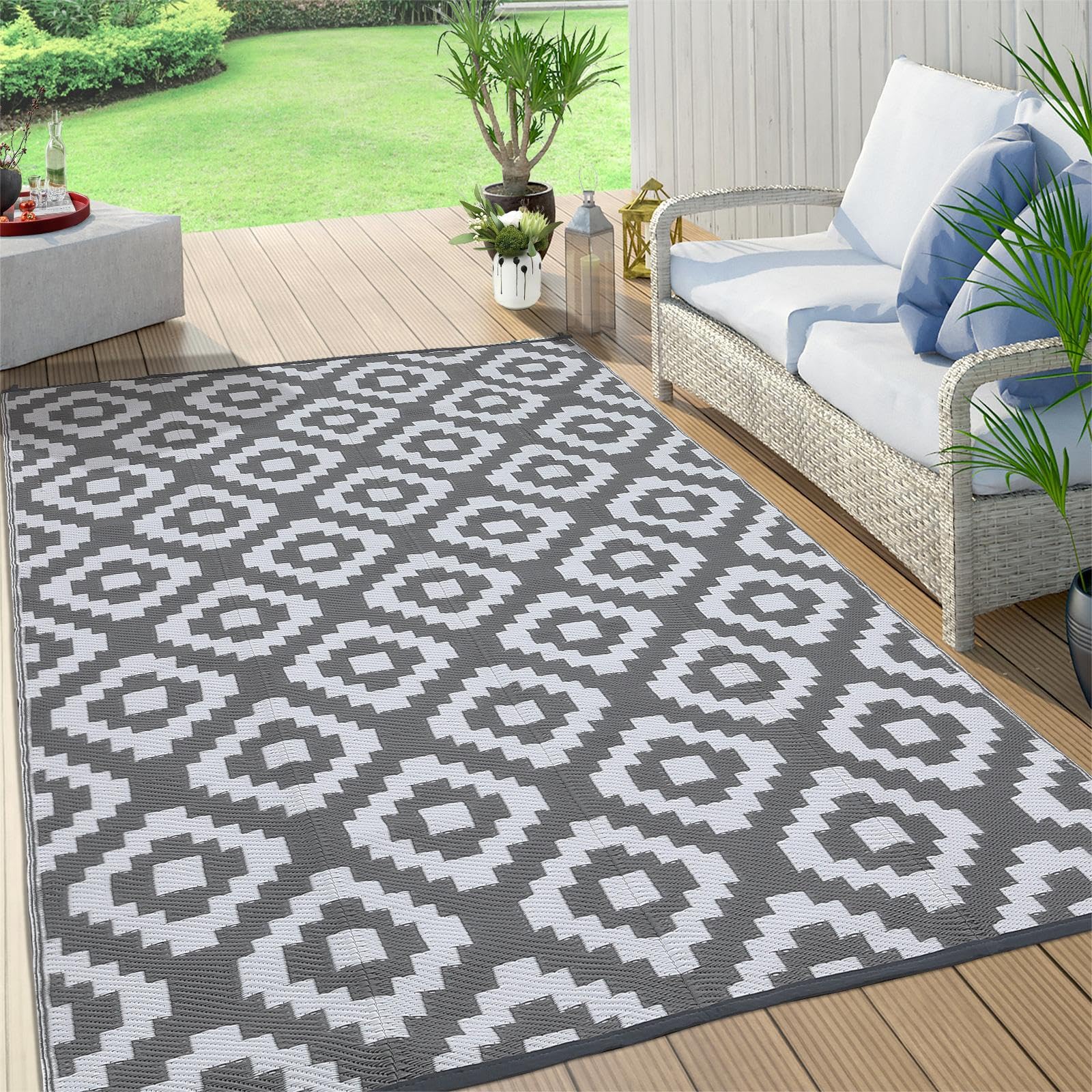 Garvee Outdoor Grey & White 8x10 Rug Carpet Waterproof Plastic Straw Rug Reversible Patio Rug RV Camping Rug Outdoor Rugs Porch Rug Patio Rug Outside RV Mat Deck Balcony Picnic Beach Decor - Image 7