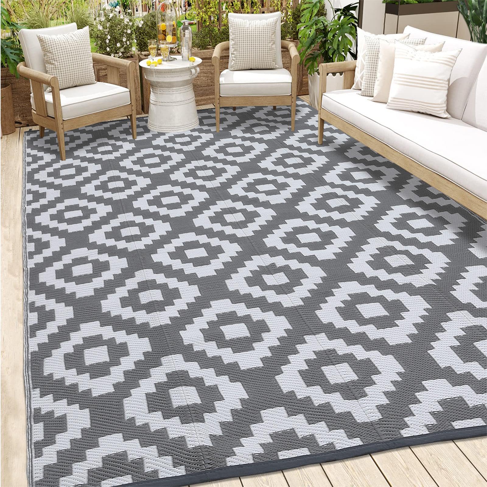 Garvee Outdoor Grey & White 8x10 Rug Carpet Waterproof Plastic Straw Rug Reversible Patio Rug RV Camping Rug Outdoor Rugs Porch Rug Patio Rug Outside RV Mat Deck Balcony Picnic Beach Decor - Image 8