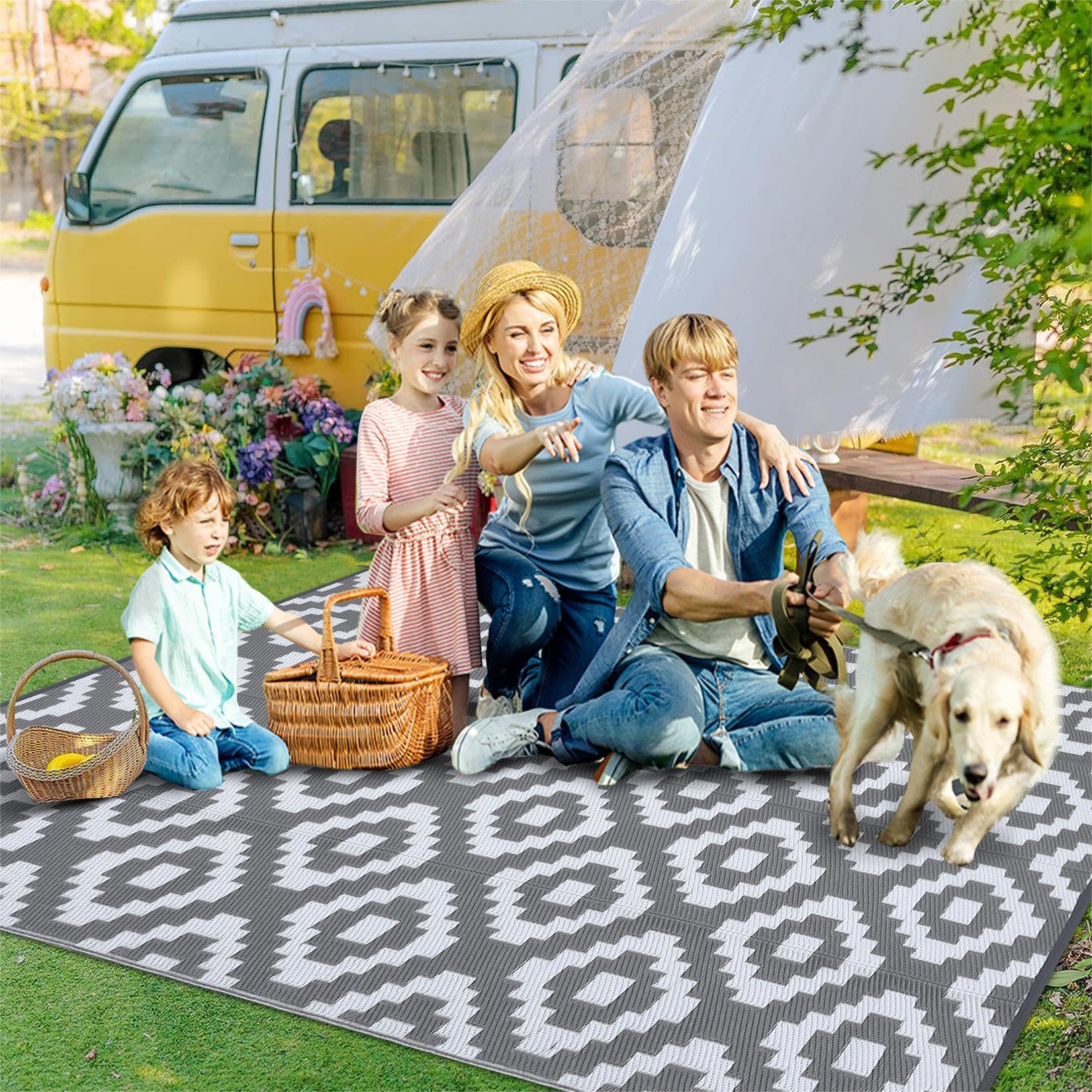 Garvee Outdoor Grey & White 8x10 Rug Carpet Waterproof Plastic Straw Rug Reversible Patio Rug RV Camping Rug Outdoor Rugs Porch Rug Patio Rug Outside RV Mat Deck Balcony Picnic Beach Decor - Image 9