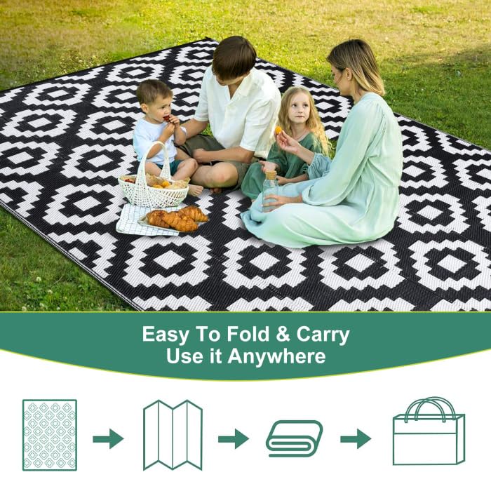 Garvee Outdoor Black & White 8x10 Reversible Rug Waterproof Plastic Straw RV Camping Mat, Diamond Pattern Patio Deck Balcony Porch Picnic Beach Decor - Image 3
