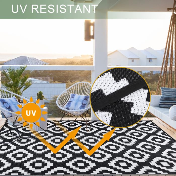 Garvee Outdoor Black & White 8x10 Reversible Rug Waterproof Plastic Straw RV Camping Mat, Diamond Pattern Patio Deck Balcony Porch Picnic Beach Decor - Image 4