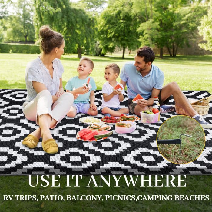 Garvee Outdoor Black & White 8x10 Reversible Rug Waterproof Plastic Straw RV Camping Mat, Diamond Pattern Patio Deck Balcony Porch Picnic Beach Decor - Image 5
