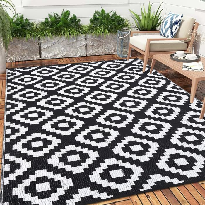 Garvee Outdoor Black & White 8x10 Reversible Rug Waterproof Plastic Straw RV Camping Mat, Diamond Pattern Patio Deck Balcony Porch Picnic Beach Decor - Image 6