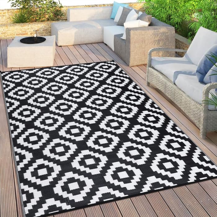 Garvee Outdoor Black & White 8x10 Reversible Rug Waterproof Plastic Straw RV Camping Mat, Diamond Pattern Patio Deck Balcony Porch Picnic Beach Decor - Image 7