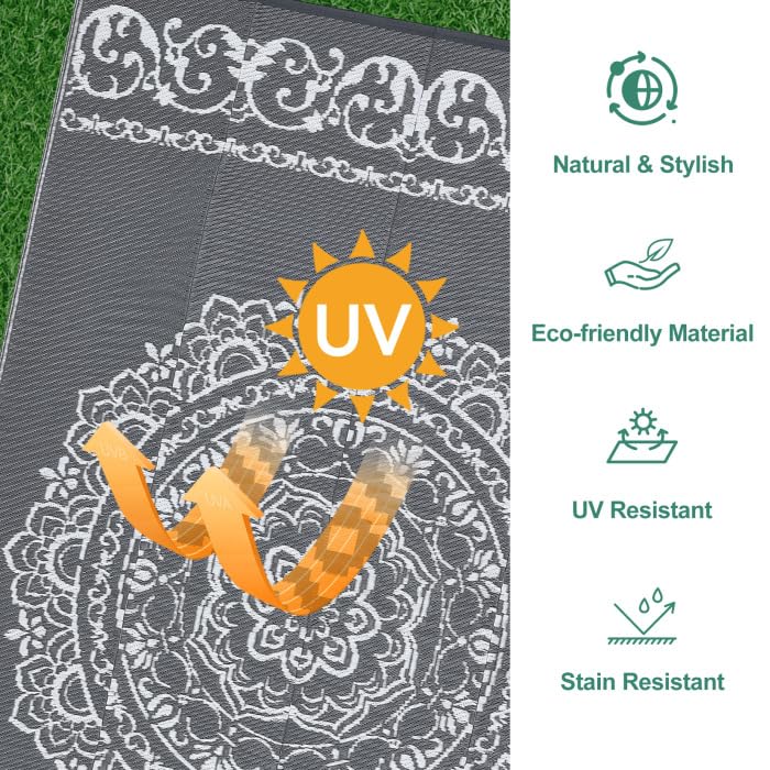 Garvee Outdoor Grey & White 8x10 Rug for Patios Reversible Patio Rug Plastic Straw Rug Waterproof Lightweight Rug for Backyard, Picnic, Beach, Camping - Image 4