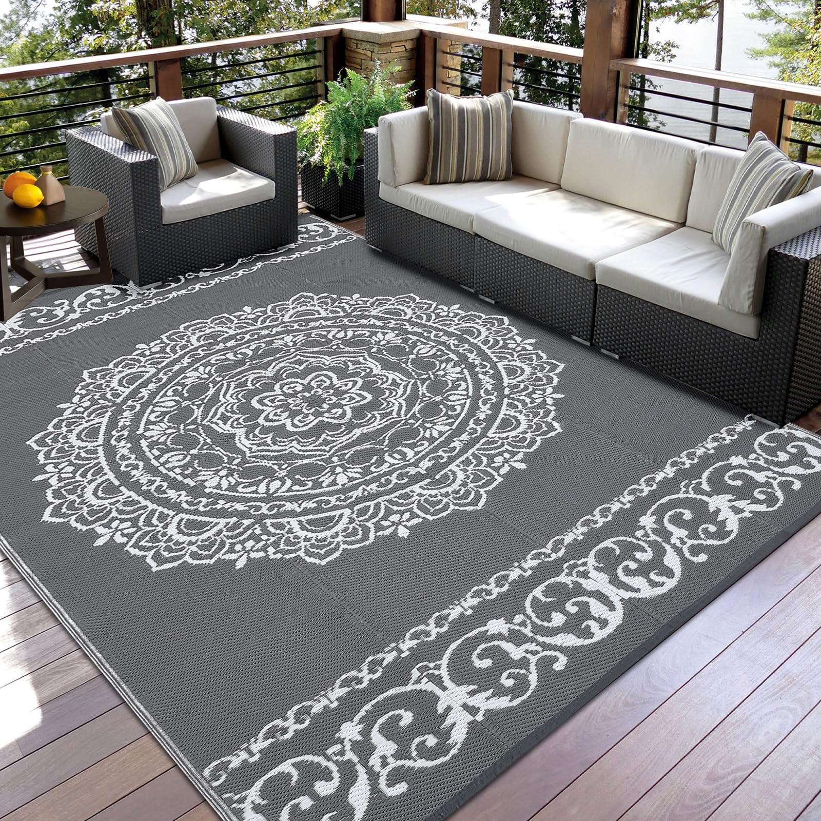 Garvee Outdoor Grey & White 8x10 Rug for Patios Reversible Patio Rug Plastic Straw Rug Waterproof Lightweight Rug for Backyard, Picnic, Beach, Camping - Image 6