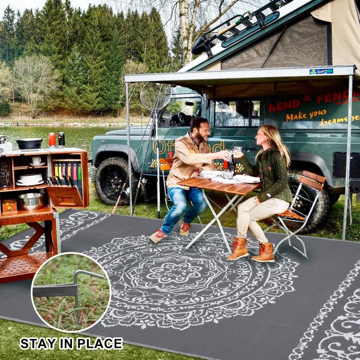 Garvee Outdoor Grey & White 8x10 Rug for Patios Reversible Patio Rug Plastic Straw Rug Waterproof Lightweight Rug for Backyard, Picnic, Beach, Camping - Image 8