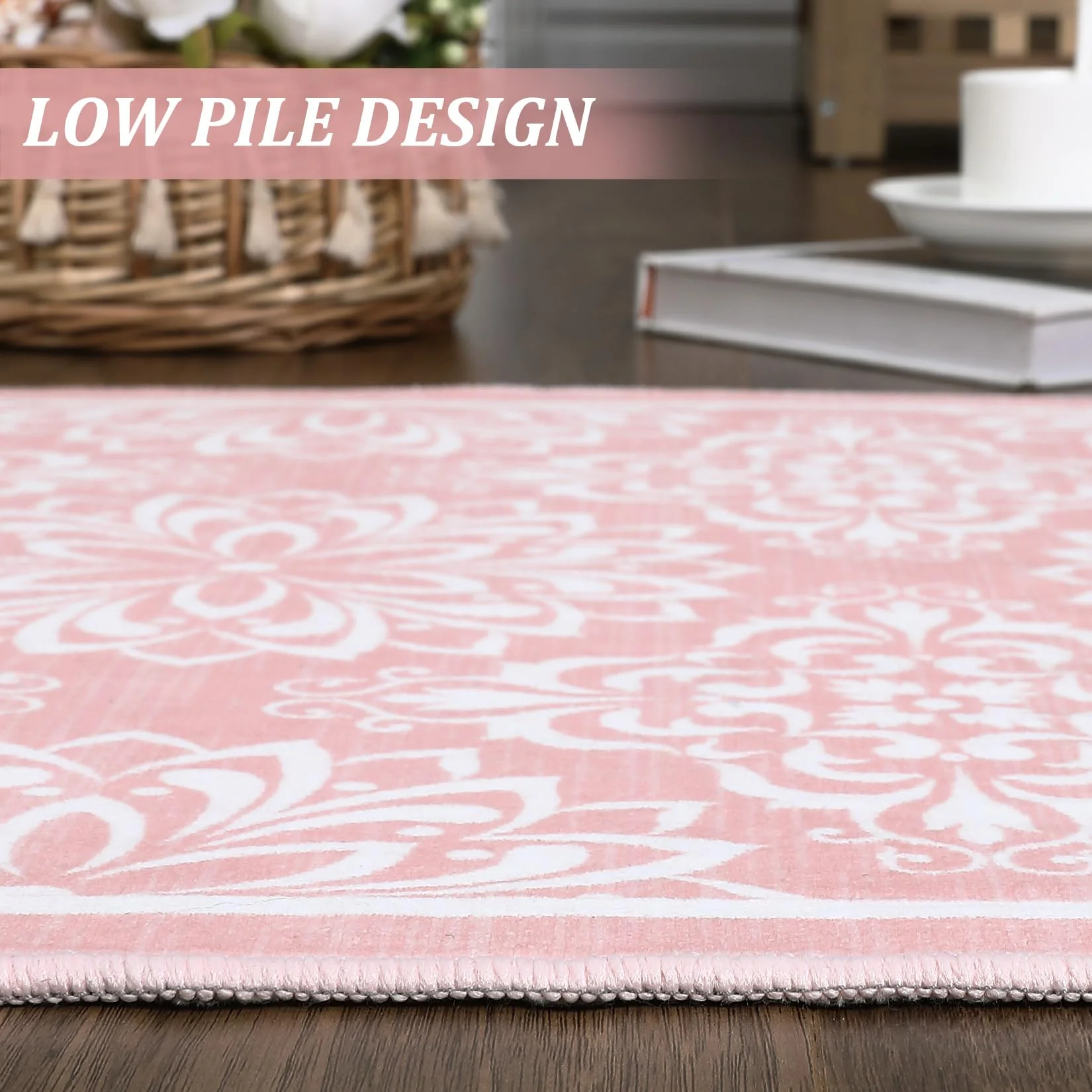Garvee Vintage Floral Area Rug 2x6 Runner Rug Washable Hallway Runners Non-Slip Soft Entryway Rug Runner Indoor Faux Wool Throw Rug Non-Shedding Floor Carpet for Bedroom Bedside Laundry Kitchen Pink - Image 4