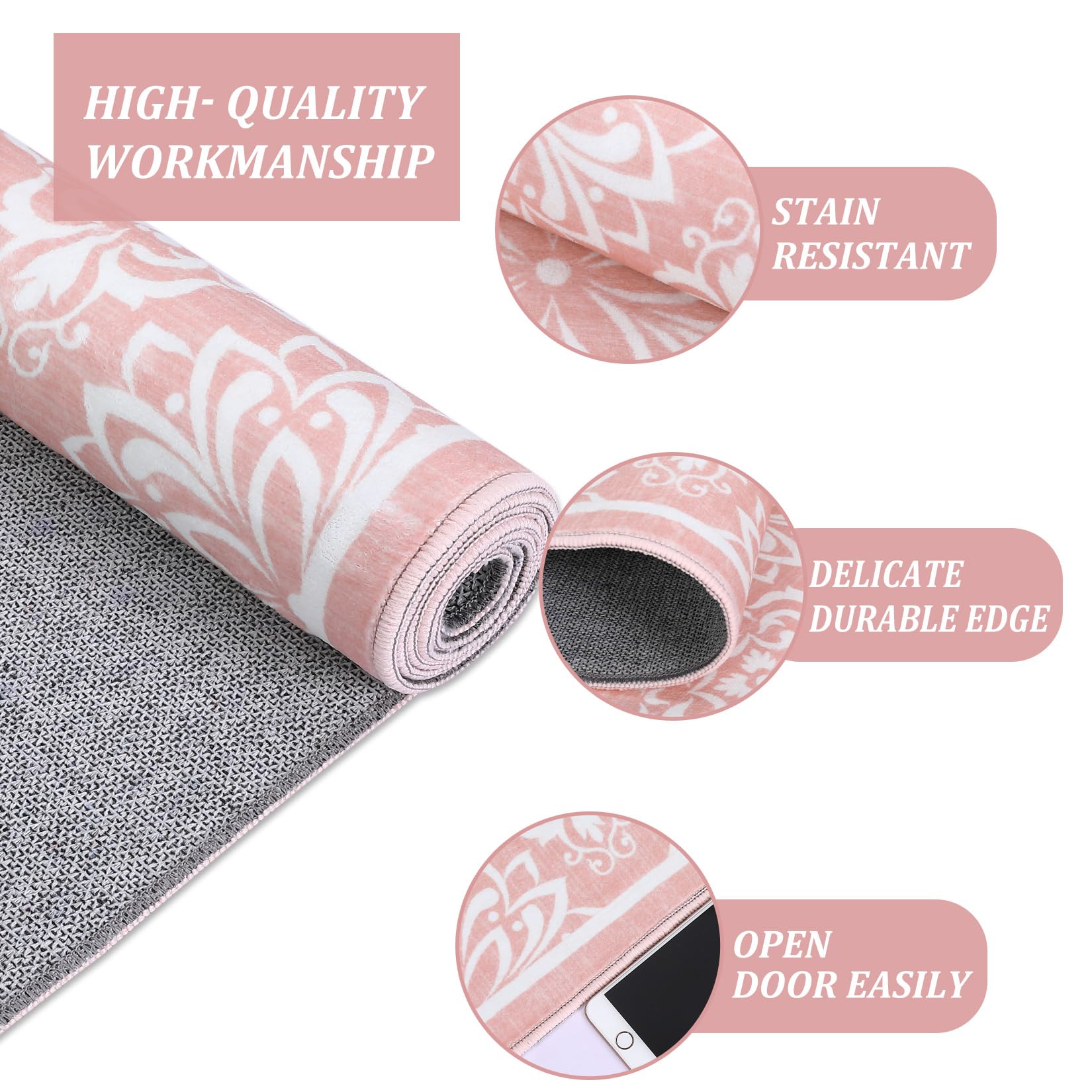 Garvee Vintage Floral Area Rug 2x6 Runner Rug Washable Hallway Runners Non-Slip Soft Entryway Rug Runner Indoor Faux Wool Throw Rug Non-Shedding Floor Carpet for Bedroom Bedside Laundry Kitchen Pink - Image 5