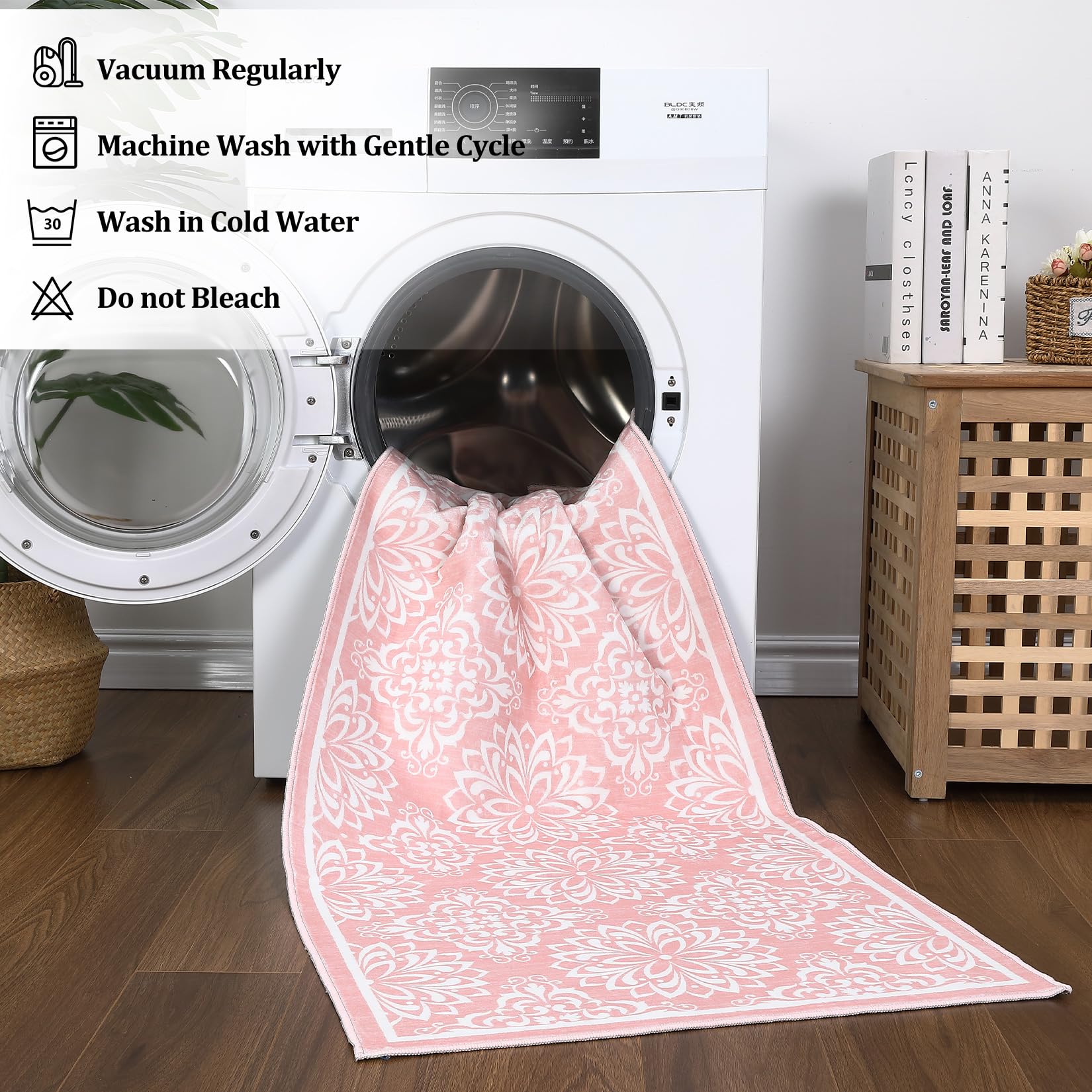 Garvee Vintage Floral Area Rug 2x6 Runner Rug Washable Hallway Runners Non-Slip Soft Entryway Rug Runner Indoor Faux Wool Throw Rug Non-Shedding Floor Carpet for Bedroom Bedside Laundry Kitchen Pink - Image 7