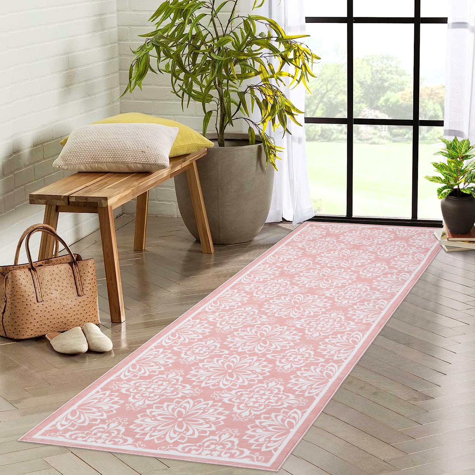 Garvee Vintage Floral Area Rug 2x6 Runner Rug Washable Hallway Runners Non-Slip Soft Entryway Rug Runner Indoor Faux Wool Throw Rug Non-Shedding Floor Carpet for Bedroom Bedside Laundry Kitchen Pink - Image 9