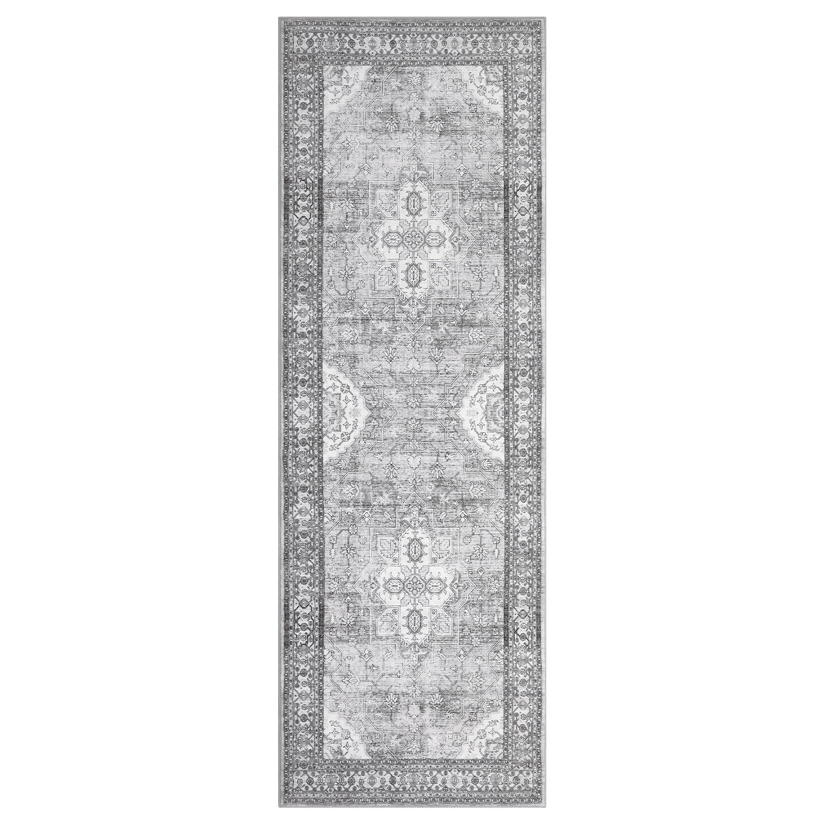 Garvee Washable Rug 2x6 Vintage Floral Print Rug Oriental Entryway Runner Rug Boho Tribal Area Rug Soft Hallway Accent Carpet Bedroom Rugs Soft Aesthetic Non Slip Rug for Kitchen Laundry Bedside Grey - Image 3