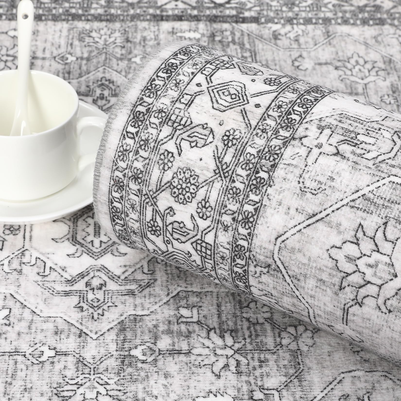 Garvee Washable Rug 2x6 Vintage Floral Print Rug Oriental Entryway Runner Rug Boho Tribal Area Rug Soft Hallway Accent Carpet Bedroom Rugs Soft Aesthetic Non Slip Rug for Kitchen Laundry Bedside Grey - Image 4