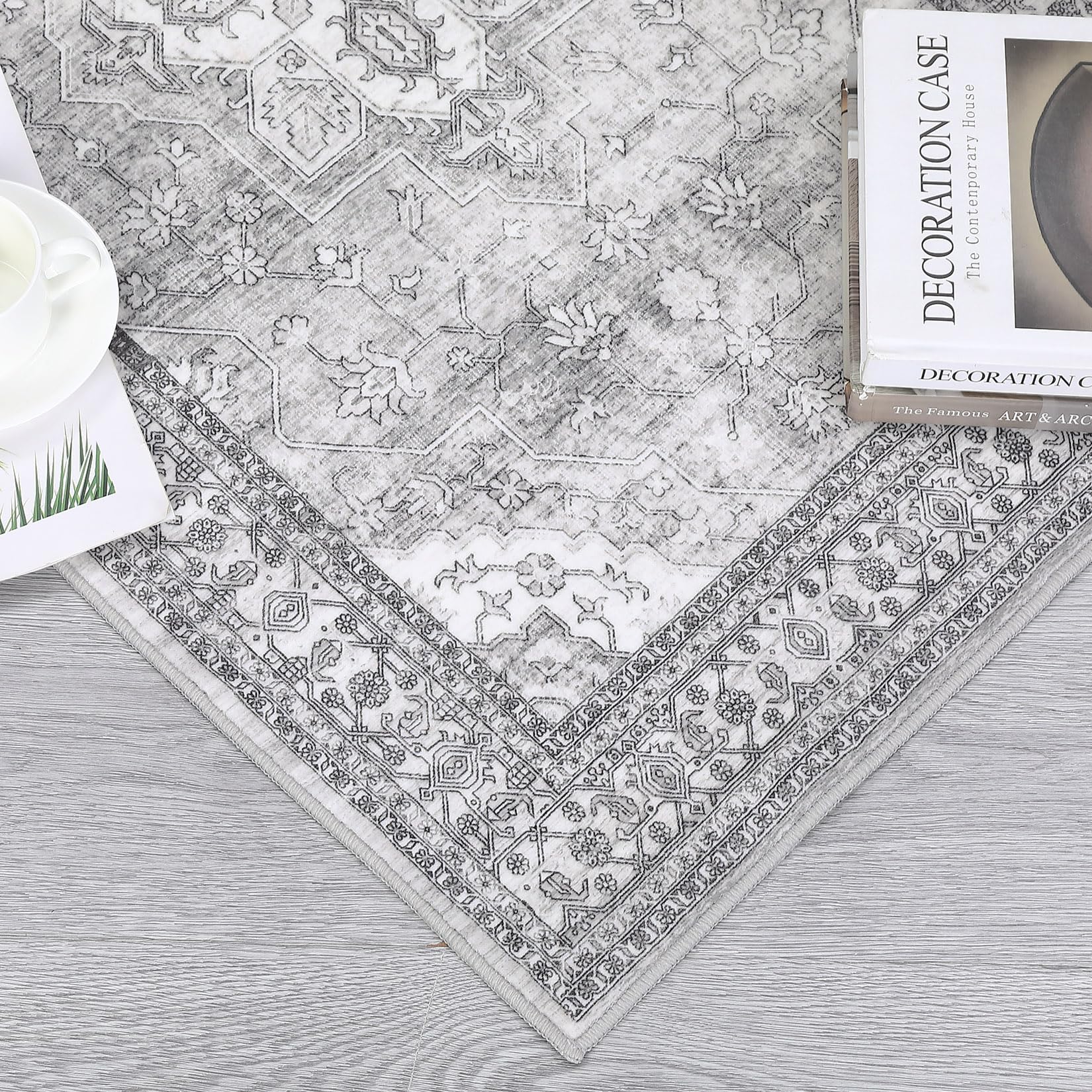 Garvee Washable Rug 2x6 Vintage Floral Print Rug Oriental Entryway Runner Rug Boho Tribal Area Rug Soft Hallway Accent Carpet Bedroom Rugs Soft Aesthetic Non Slip Rug for Kitchen Laundry Bedside Grey - Image 6