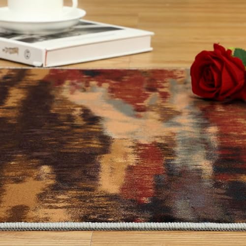 Garvee Area Rug 4x6 Non Shedding Living Room Rug Modern Abstract Area Rug Soft Fluffy Pile Throw Rug Machine Washable Indoor Rug Ultra-Thin Floor Cover for Bedroom Living Room Nursery, Red/Sandy - Image 5