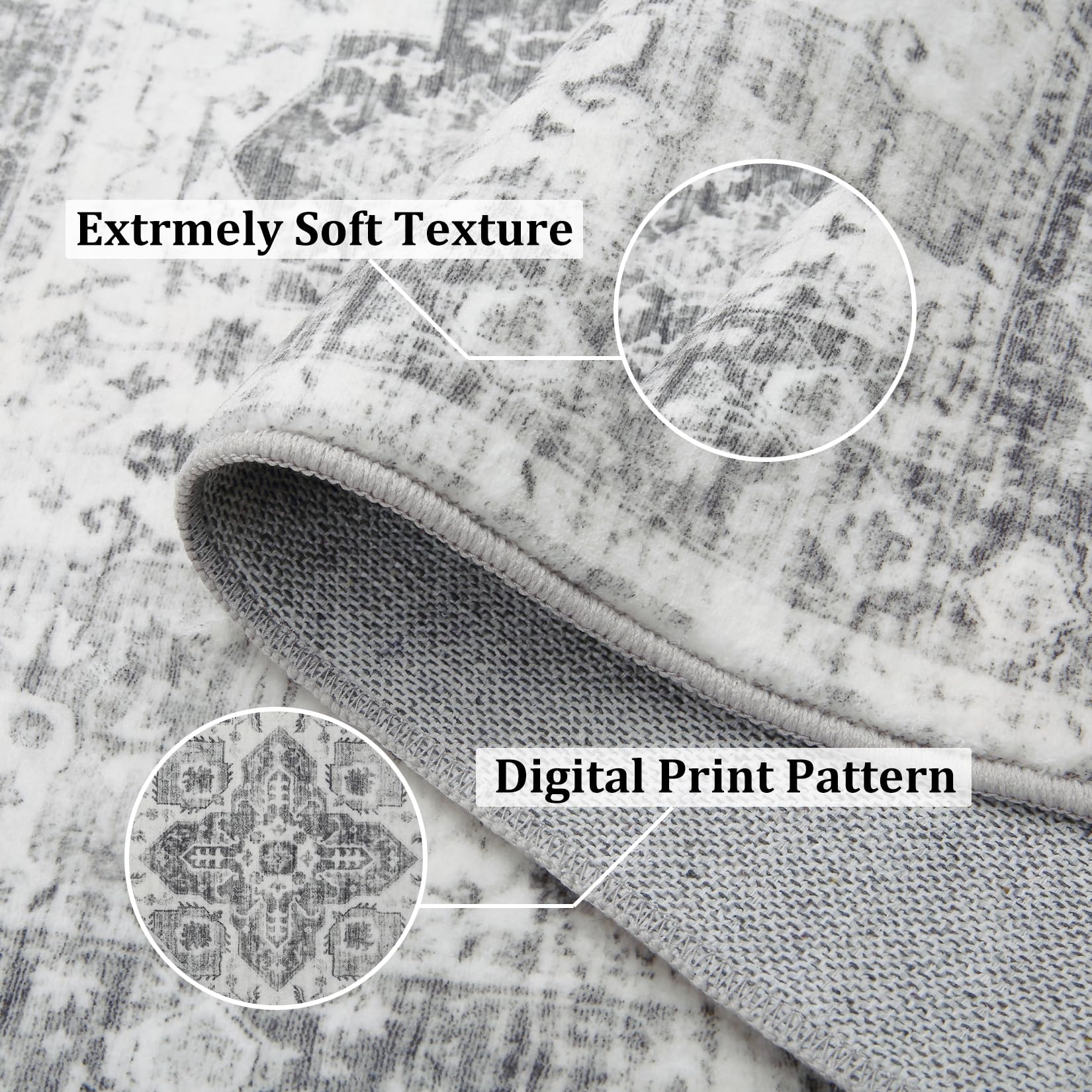 Garvee Vintage Area Rug Machine Washable Low-Pile Accent Carpet, Foldable Indoor Floor Cover for Bedroom, Living Room, Grey - Image 4