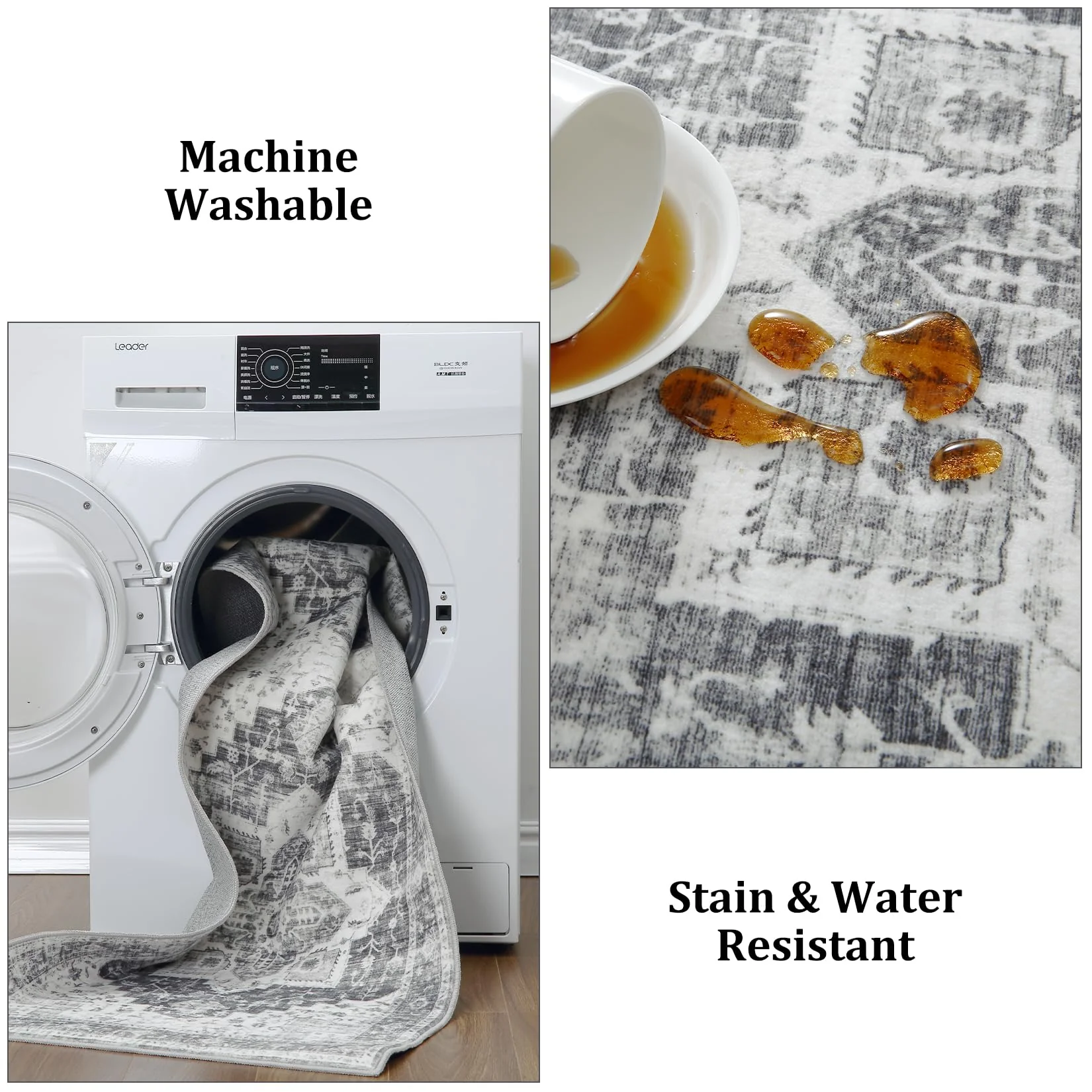 Garvee Vintage Area Rug Machine Washable Low-Pile Accent Carpet, Foldable Indoor Floor Cover for Bedroom, Living Room, Grey - Image 6