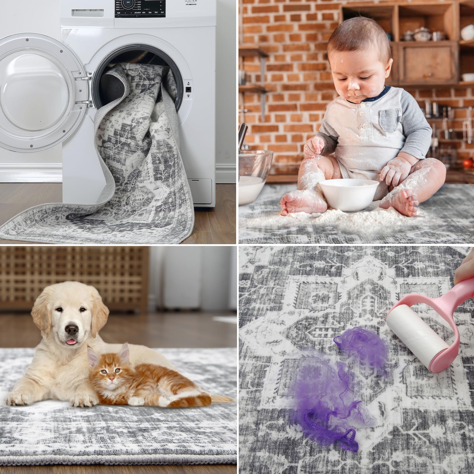 Garvee Vintage Area Rug Machine Washable Low-Pile Accent Carpet, Foldable Indoor Floor Cover for Bedroom, Living Room, Grey - Image 7