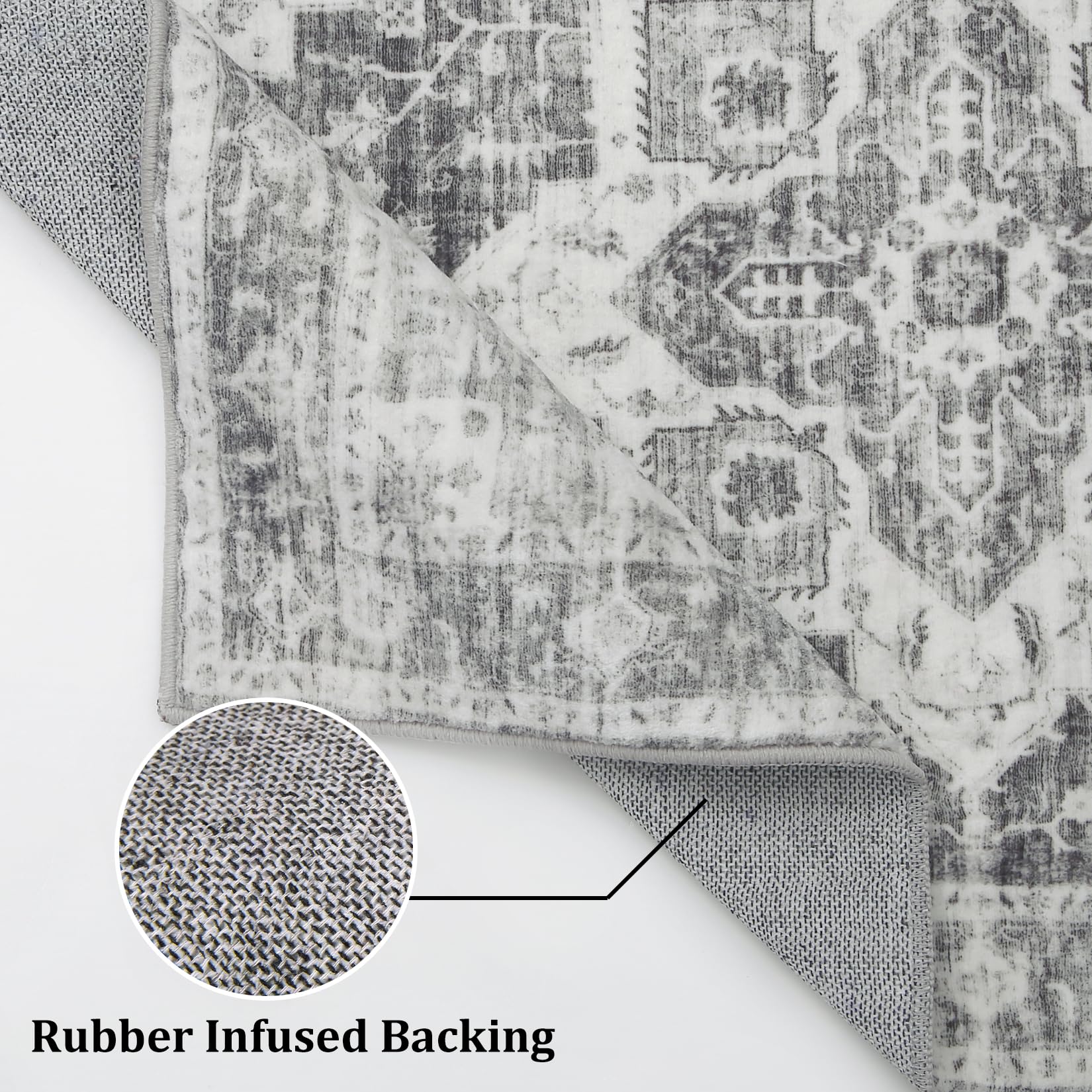 Garvee Vintage Area Rug Machine Washable Low-Pile Accent Carpet, Foldable Indoor Floor Cover for Bedroom, Living Room, Grey - Image 8