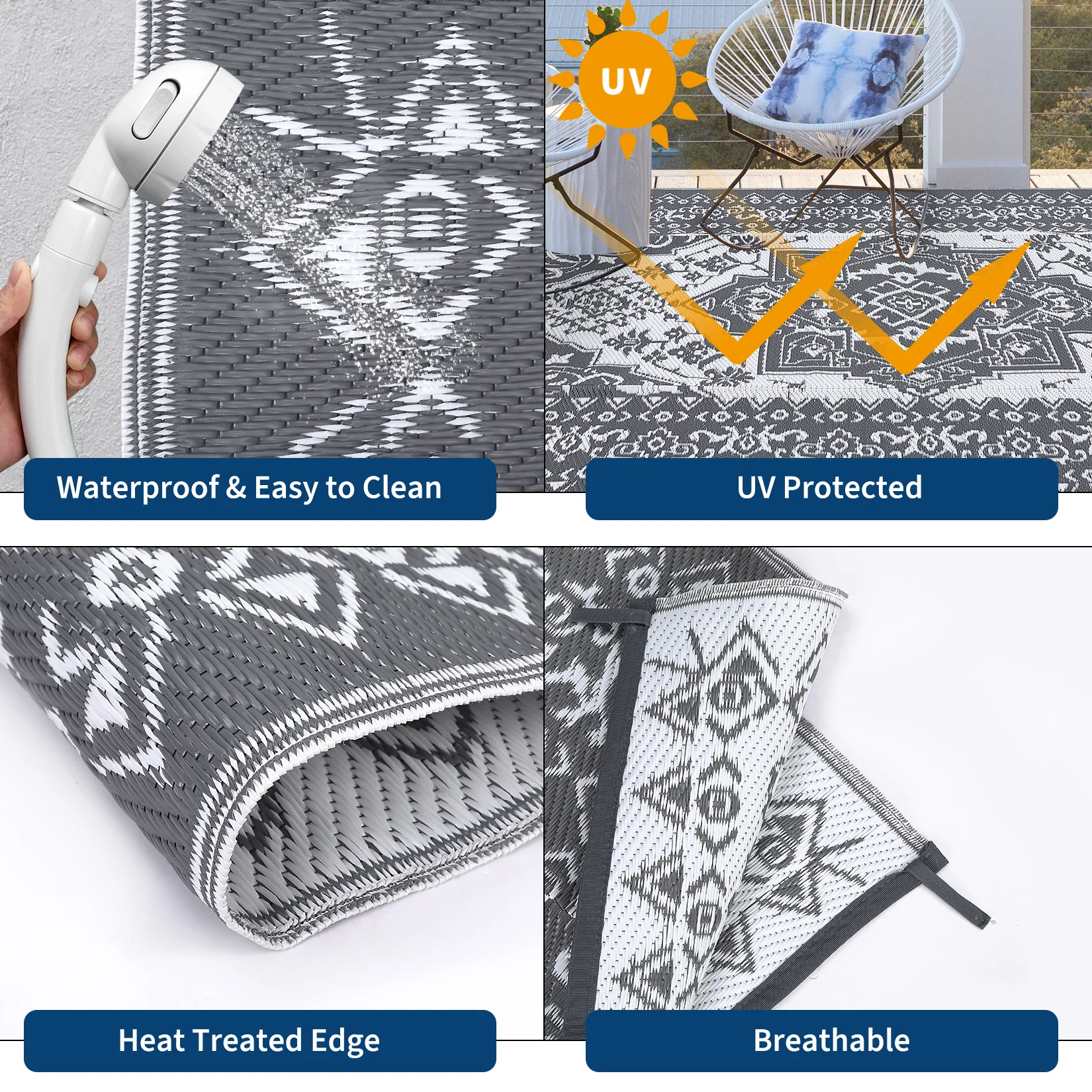 Garvee Outdoor Grey & White 8x10 Plastic Straw Rug, Waterproof Stain Resistant Reversible Carpet for Camping, Garden, Backyard, RV, Patio - Image 3