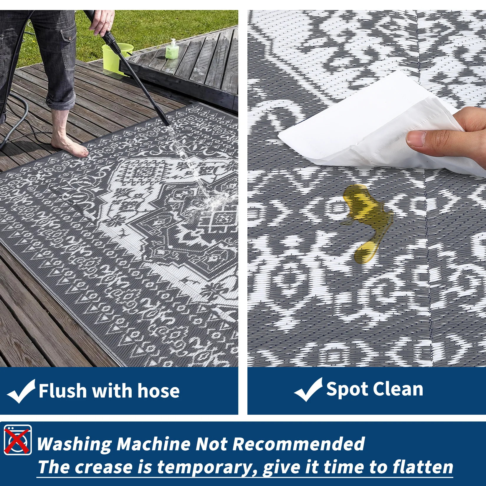 Garvee Outdoor Grey & White 8x10 Plastic Straw Rug, Waterproof Stain Resistant Reversible Carpet for Camping, Garden, Backyard, RV, Patio - Image 4