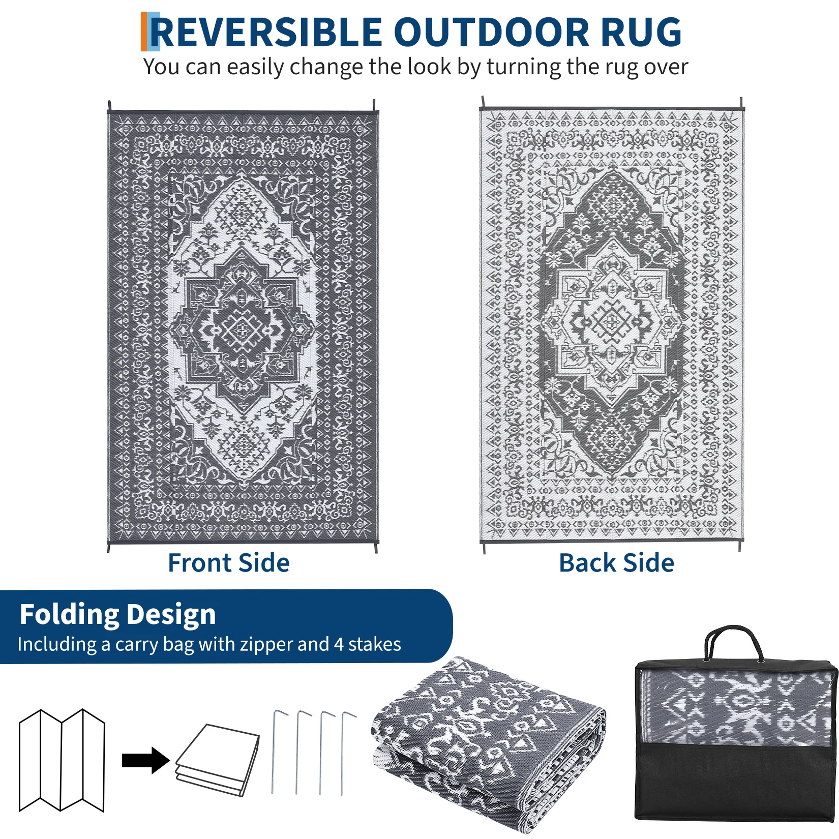 Garvee Outdoor Grey & White 8x10 Plastic Straw Rug, Waterproof Stain Resistant Reversible Carpet for Camping, Garden, Backyard, RV, Patio - Image 5