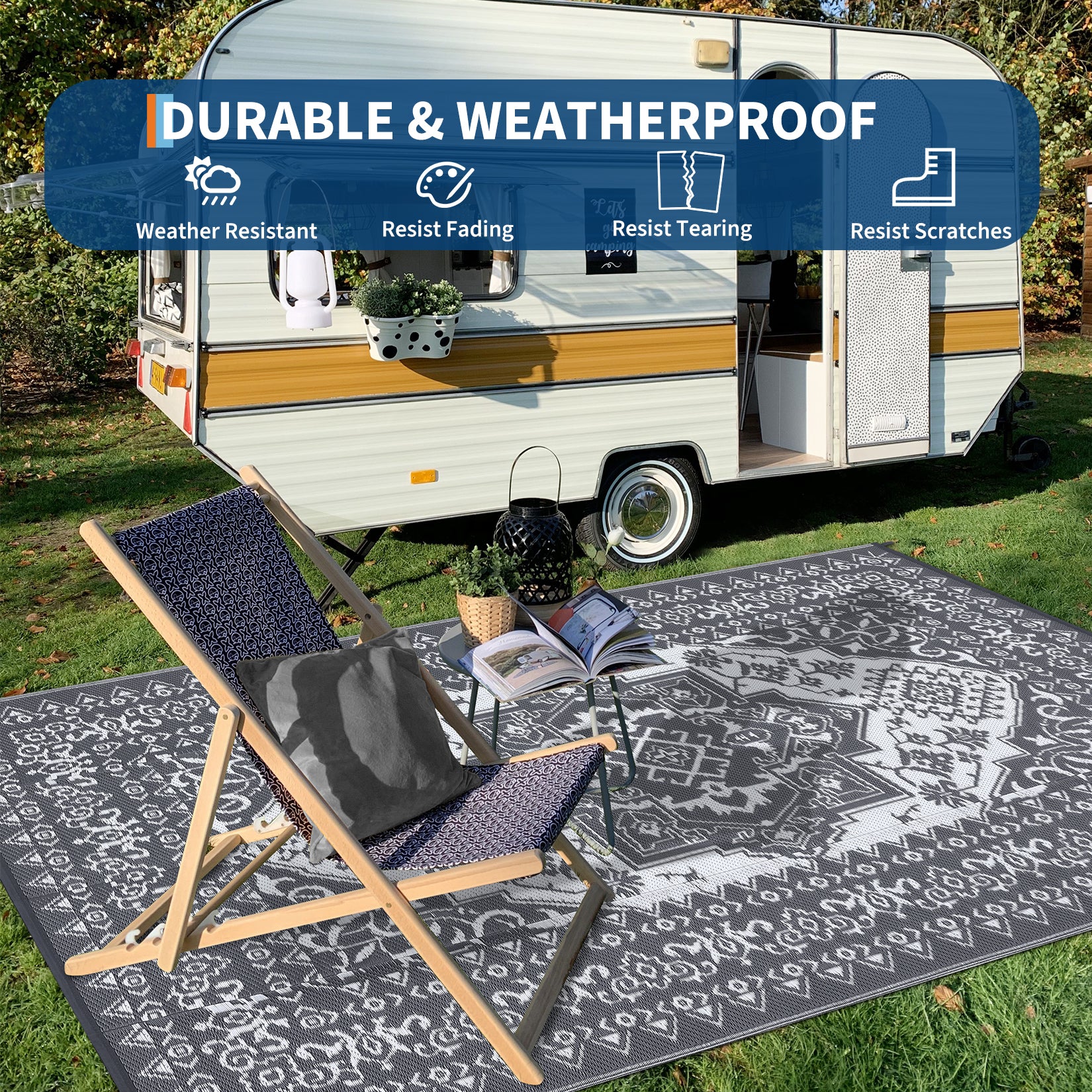 Garvee Outdoor Grey & White 8x10 Plastic Straw Rug, Waterproof Stain Resistant Reversible Carpet for Camping, Garden, Backyard, RV, Patio - Image 6