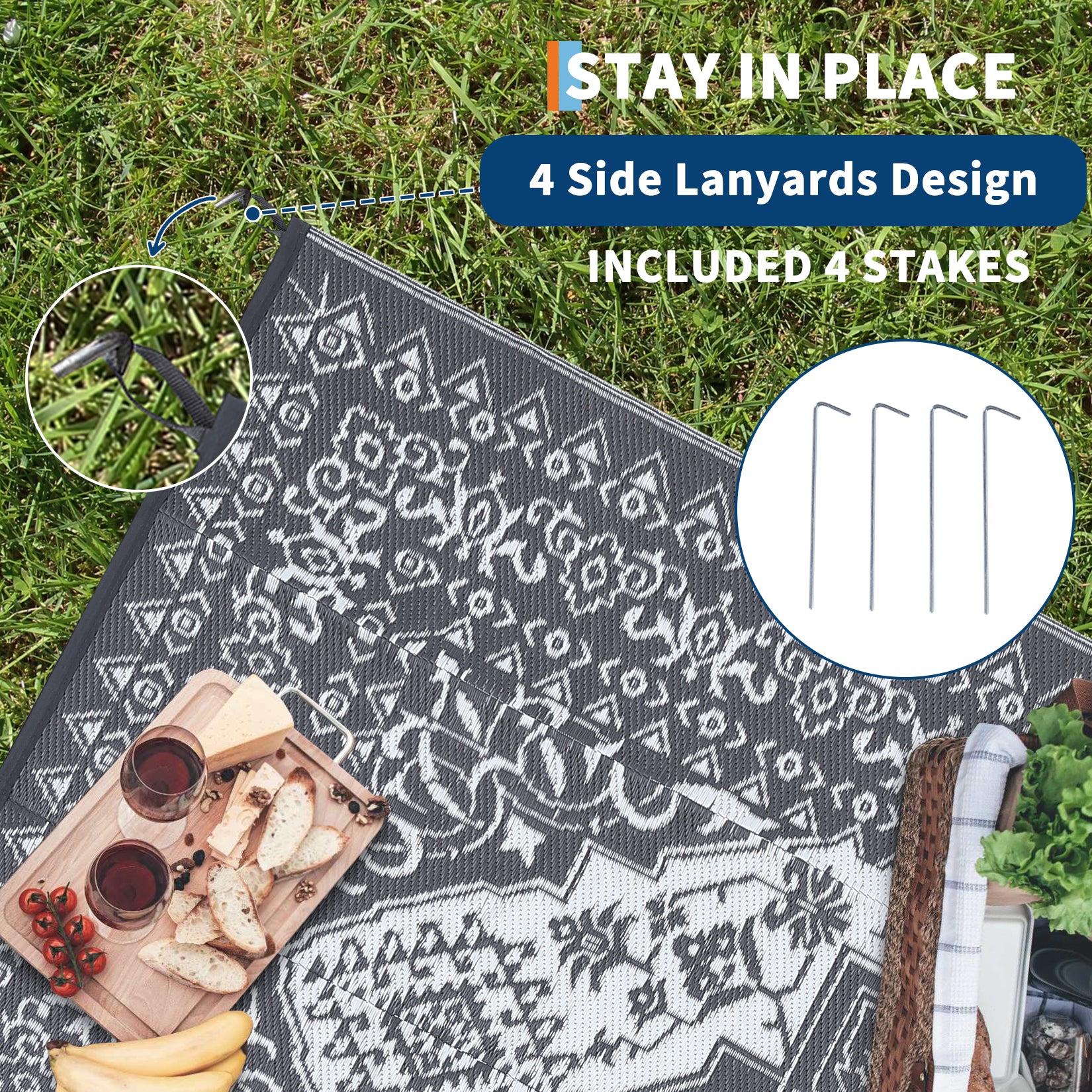 Garvee Outdoor Grey & White 8x10 Plastic Straw Rug, Waterproof Stain Resistant Reversible Carpet for Camping, Garden, Backyard, RV, Patio - Image 7