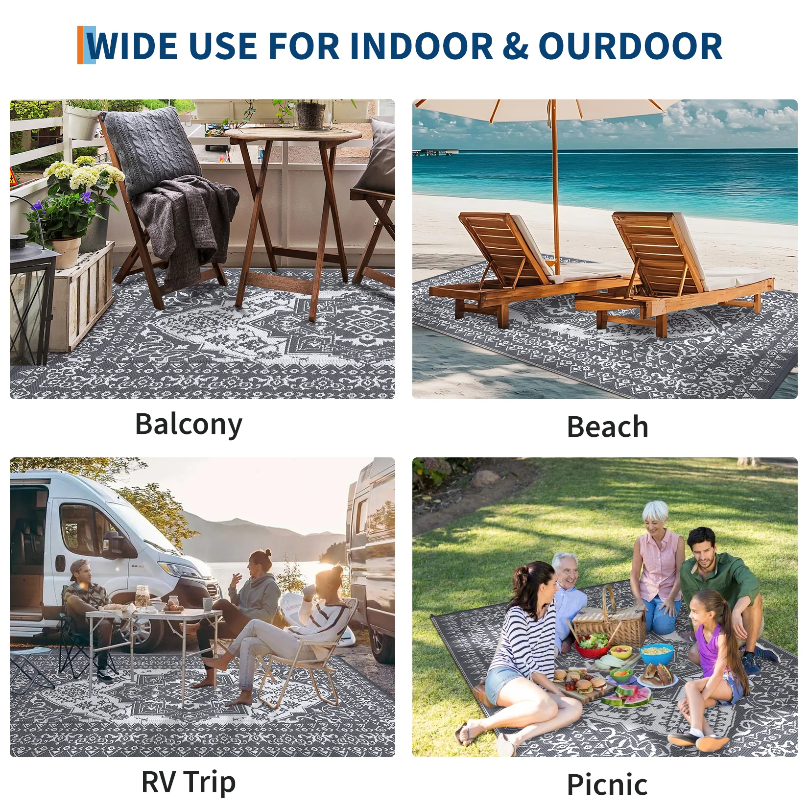 Garvee Outdoor Grey & White 8x10 Plastic Straw Rug, Waterproof Stain Resistant Reversible Carpet for Camping, Garden, Backyard, RV, Patio - Image 8