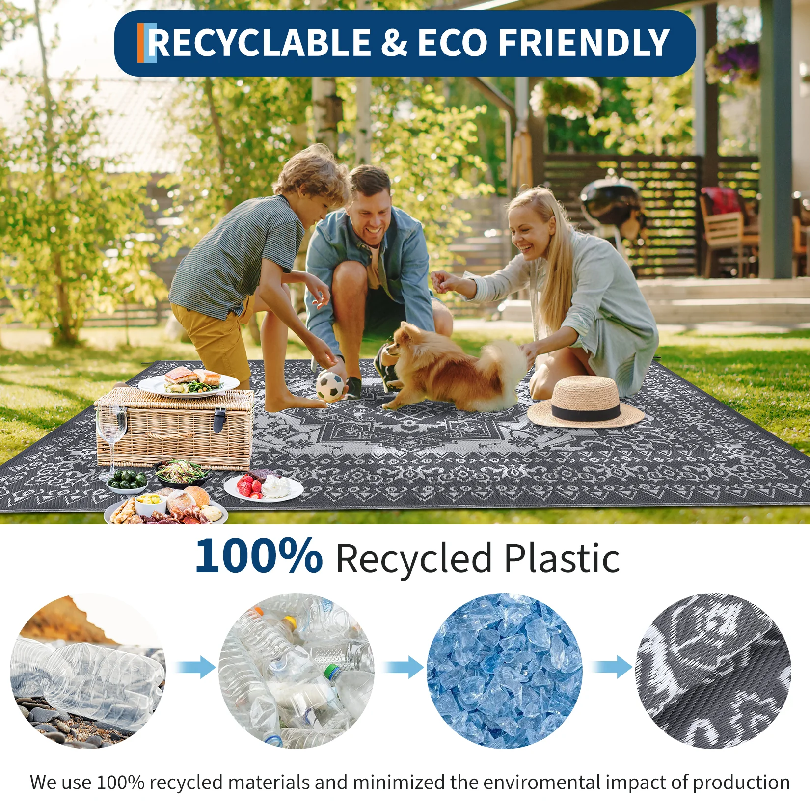 Garvee Outdoor Grey & White 8x10 Plastic Straw Rug, Waterproof Stain Resistant Reversible Carpet for Camping, Garden, Backyard, RV, Patio - Image 9