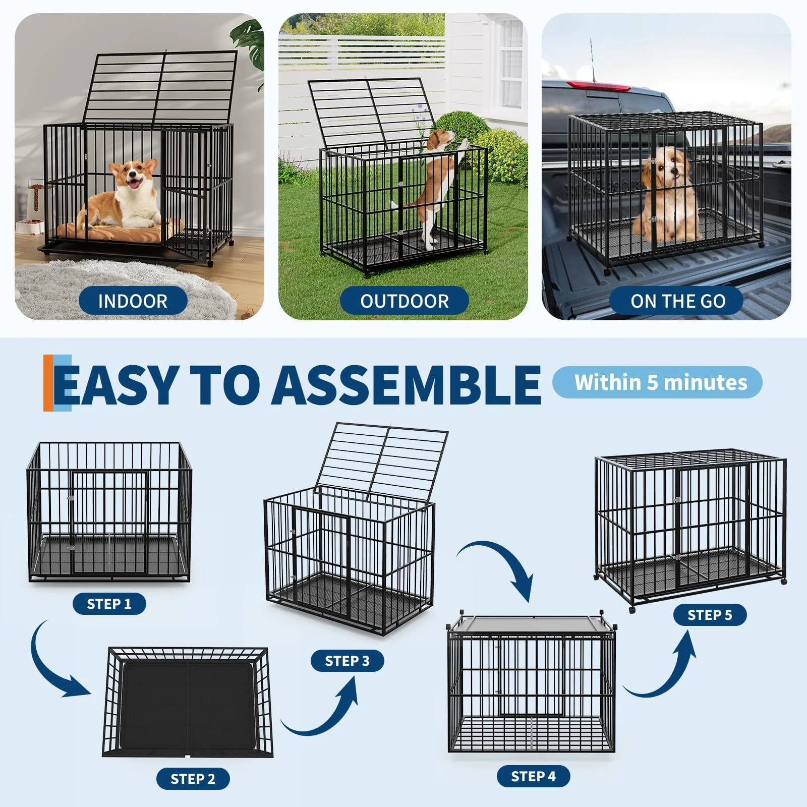 Garvee 36 Inch Dog Crate for Small Sized Dogs, Heavy Duty Stainless Steel Dog Kennel Indoor Escape Proof with Wheels and Removable Tray, Stackable Dog Cage for High Anxiety Dogs - Image 5