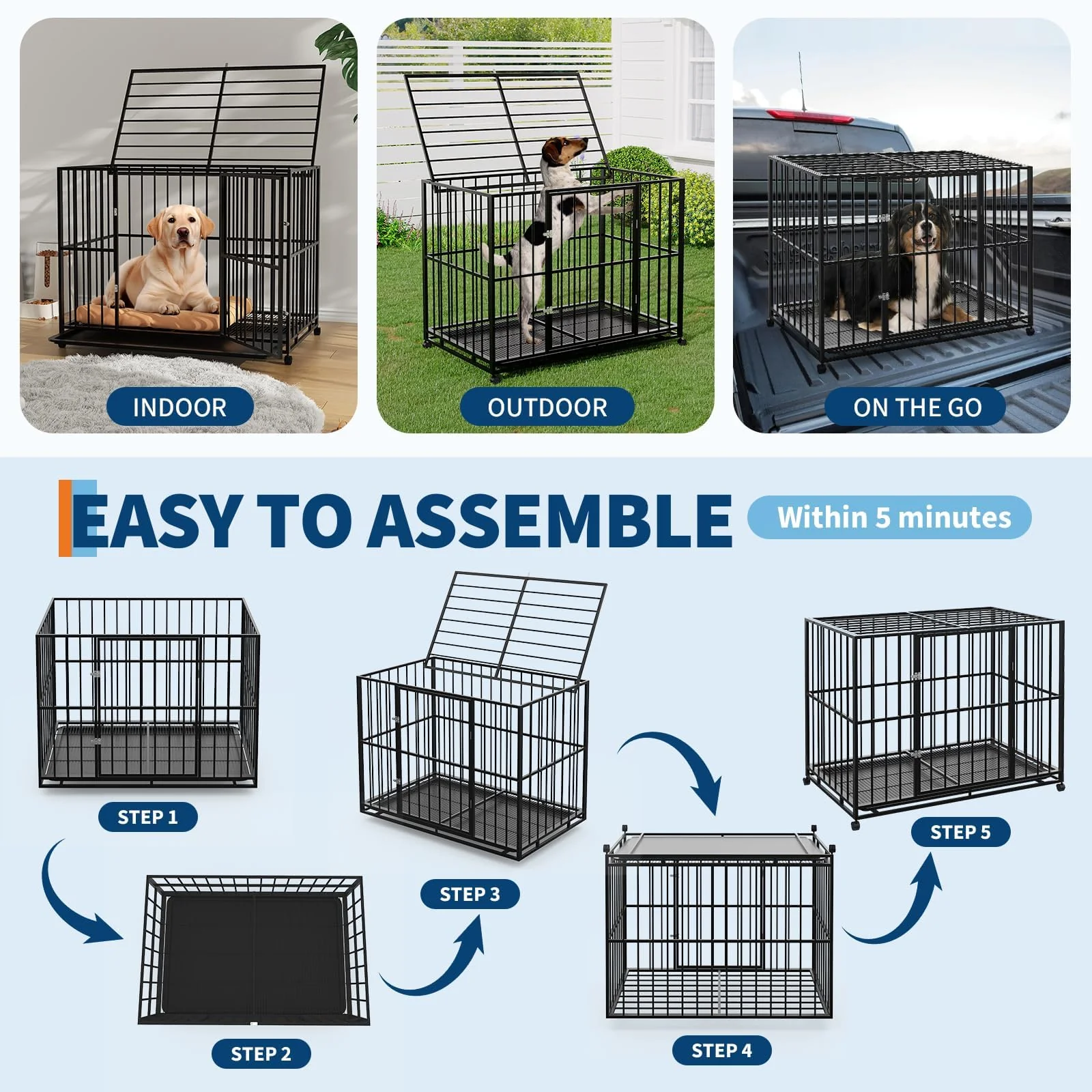 Garvee 42 Inch Dog Crate for Medium Sized Dogs, Heavy Duty Stainless Steel Dog Kennel Escape-Proof with Wheels and Removable Tray, Indestructible Dog Cage Stackable for High Anxiety Dogs - Image 4