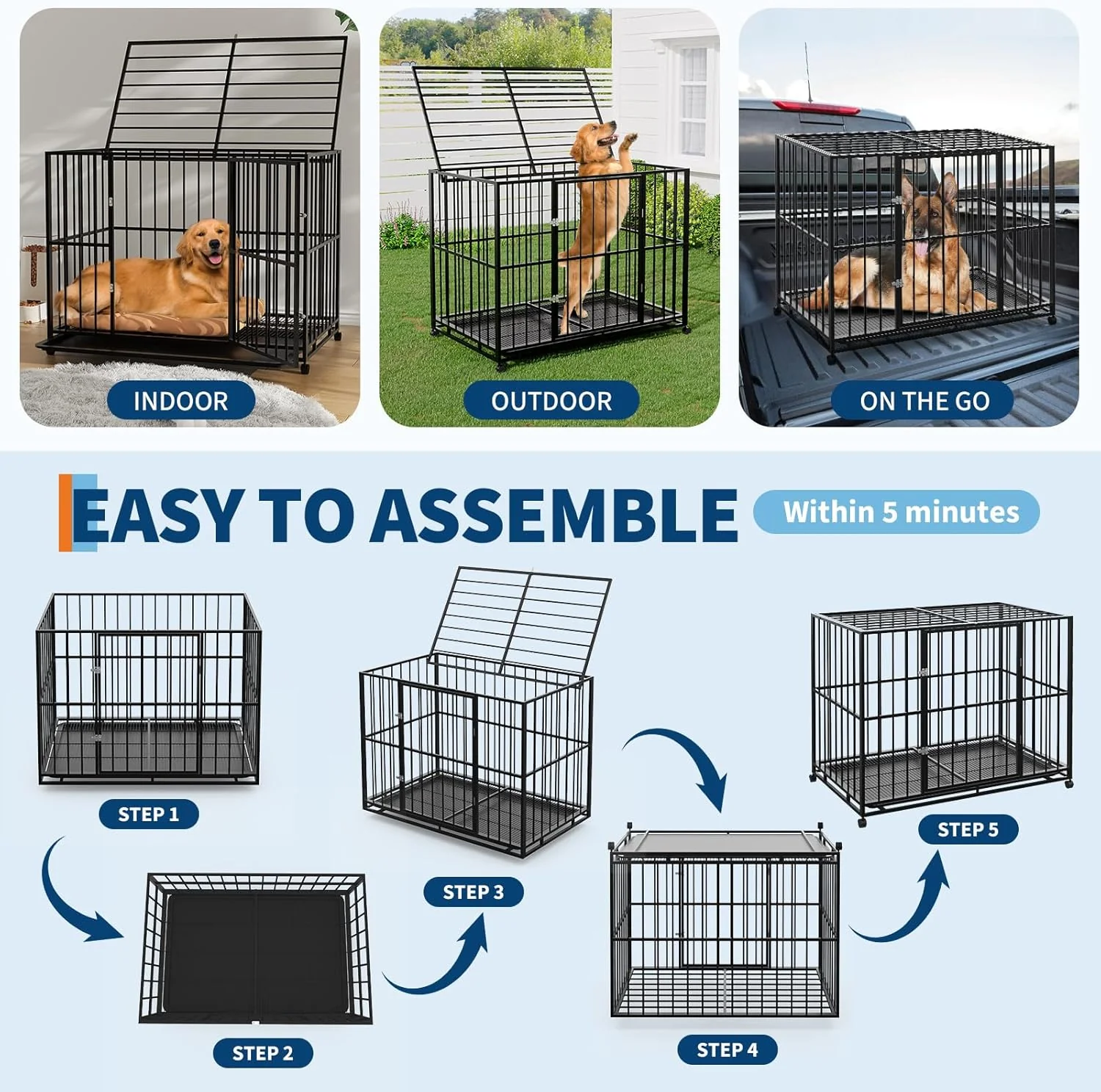 Garvee 48 Inch Dog Crate for Large Sized Dogs, Heavy Duty Stainless Steel Indoor Kennel Escape-Proof with Wheels and Removable Tray, Indestructible Dog Cage Stackable for High Anxiety Dogs - Image 4