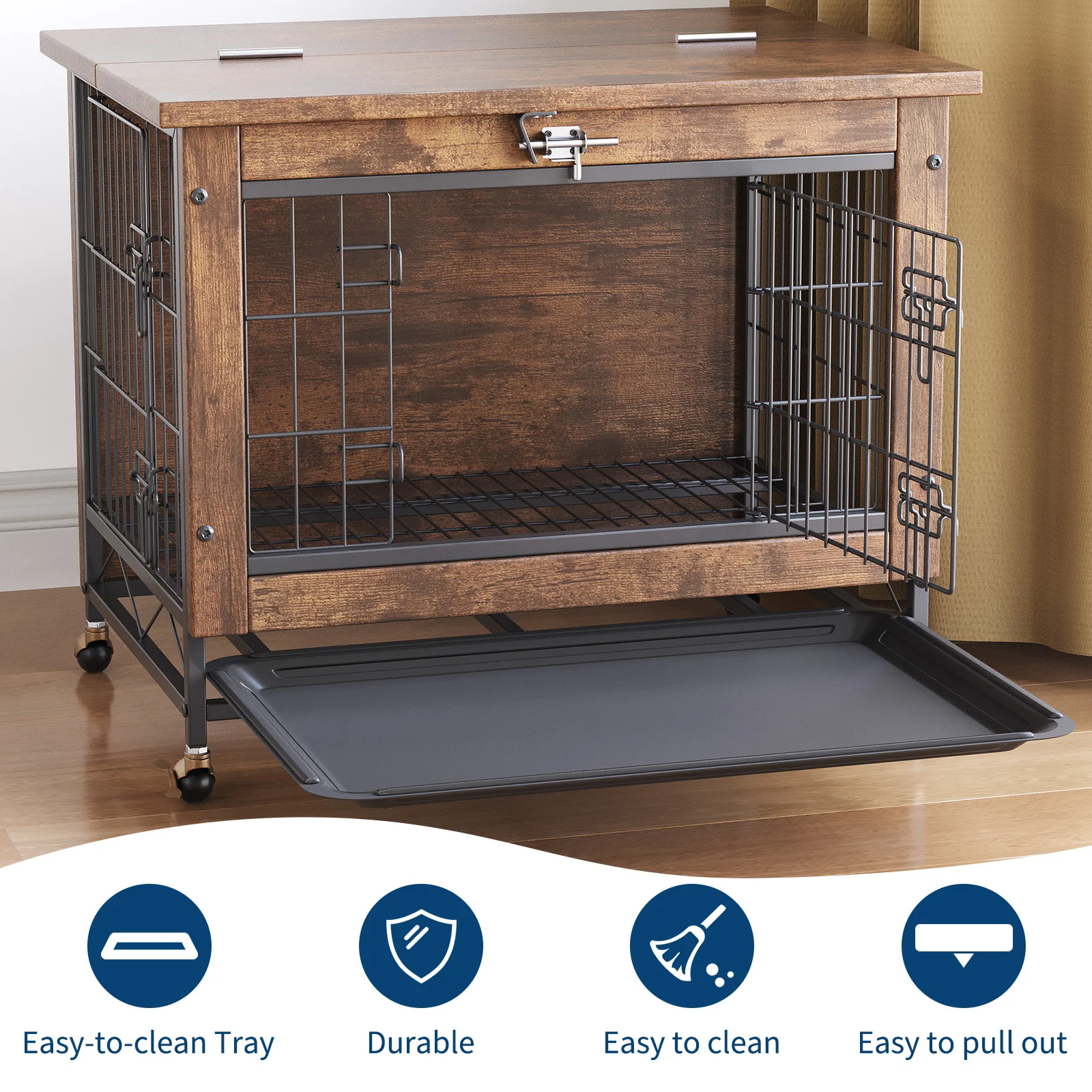 Garvee Small Dog Crate Furniture with 2 Doors and Wheels, Top-Opening Heavy Duty Wooden Indoor Kennel Dog House Cage with Anti-Chew, Removable Tray, Side End Table for Small Medium Dogs, Brown - Image 3