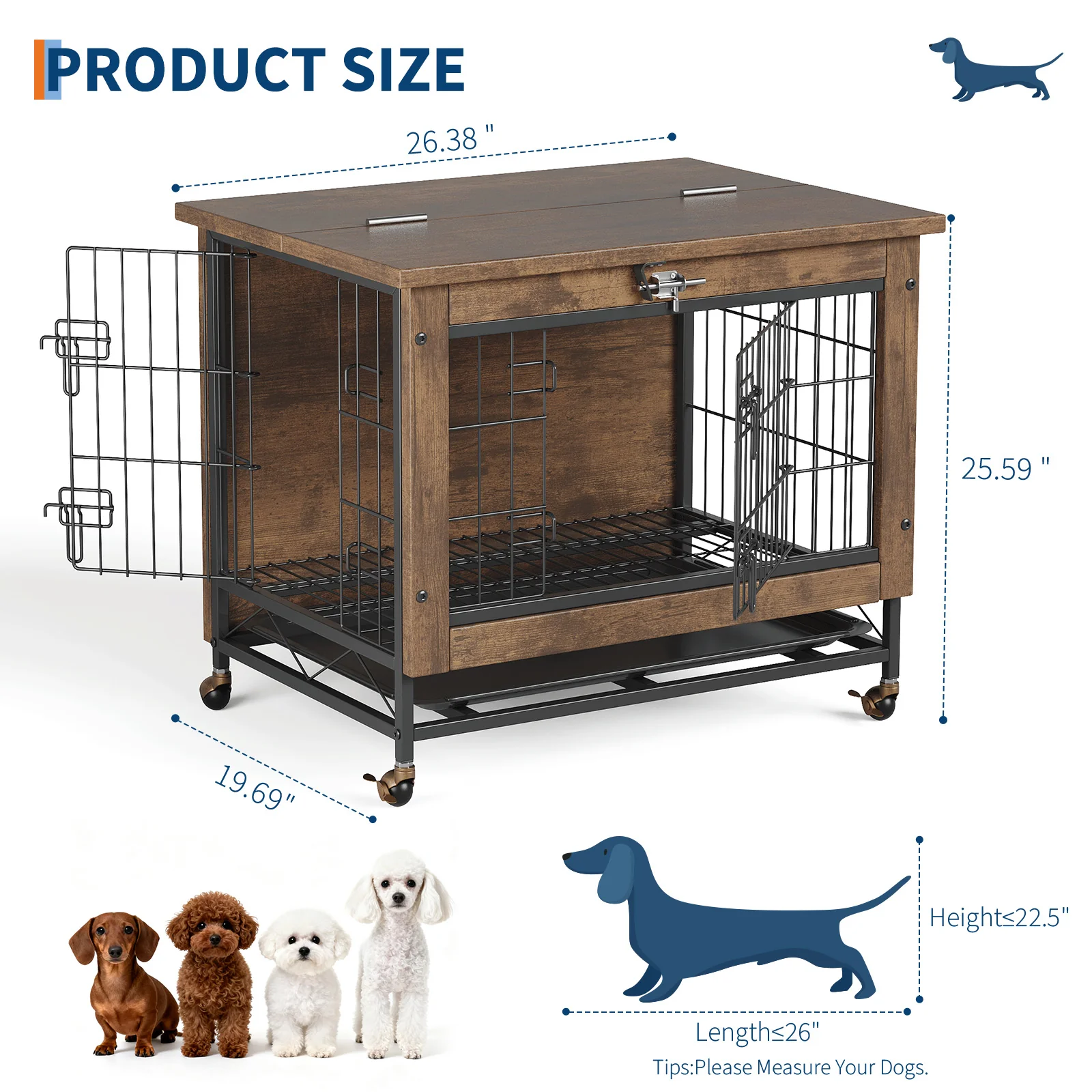Garvee Small Dog Crate Furniture with 2 Doors and Wheels, Top-Opening Heavy Duty Wooden Indoor Kennel Dog House Cage with Anti-Chew, Removable Tray, Side End Table for Small Medium Dogs, Brown - Image 4