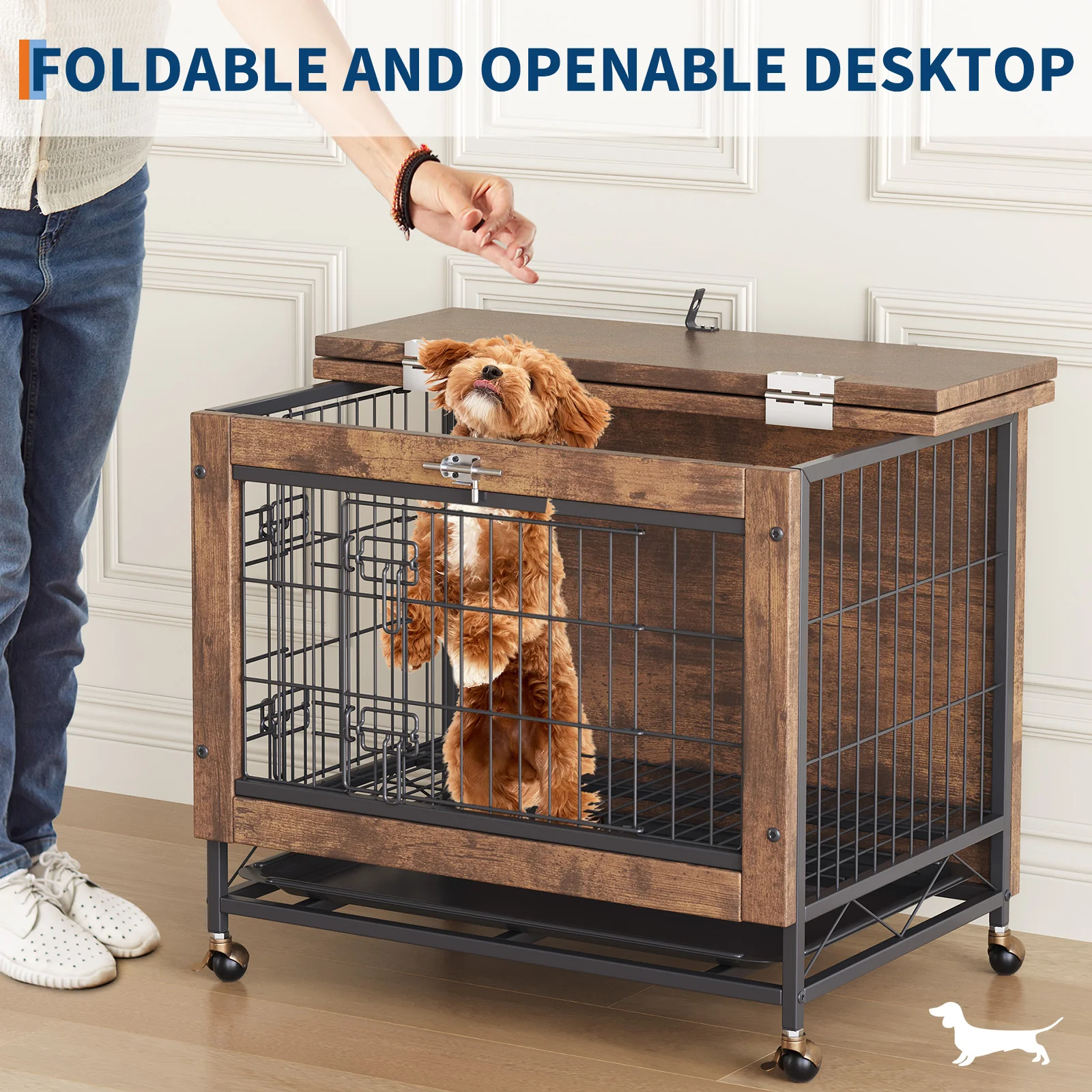 Garvee Small Dog Crate Furniture with 2 Doors and Wheels, Top-Opening Heavy Duty Wooden Indoor Kennel Dog House Cage with Anti-Chew, Removable Tray, Side End Table for Small Medium Dogs, Brown - Image 5