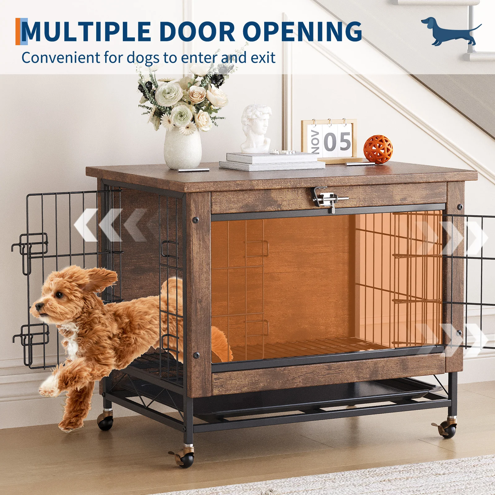 Garvee Small Dog Crate Furniture with 2 Doors and Wheels, Top-Opening Heavy Duty Wooden Indoor Kennel Dog House Cage with Anti-Chew, Removable Tray, Side End Table for Small Medium Dogs, Brown - Image 6