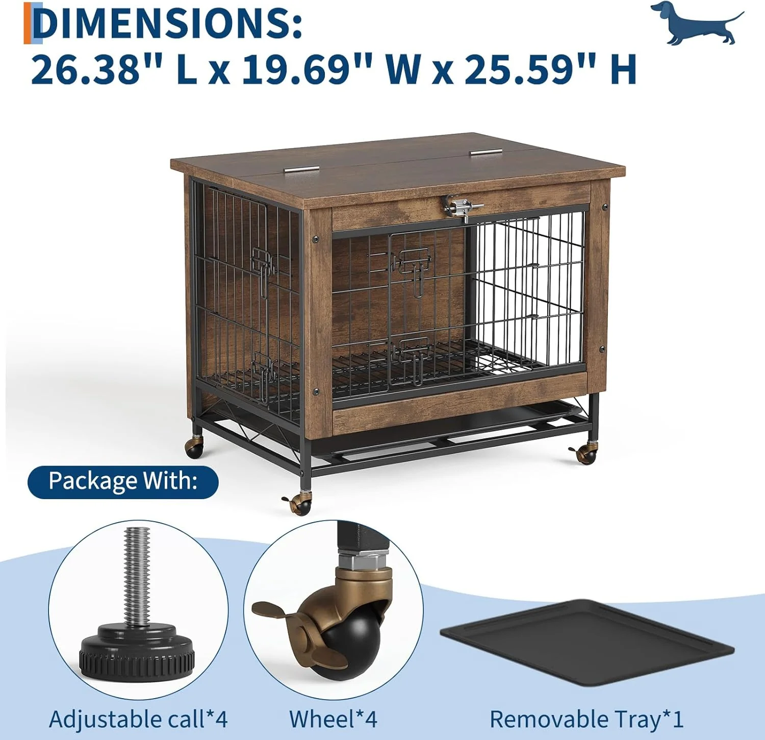 Garvee Small Dog Crate Furniture with 2 Doors and Wheels, Top-Opening Heavy Duty Wooden Indoor Kennel Dog House Cage with Anti-Chew, Removable Tray, Side End Table for Small Medium Dogs, Brown - Image 7