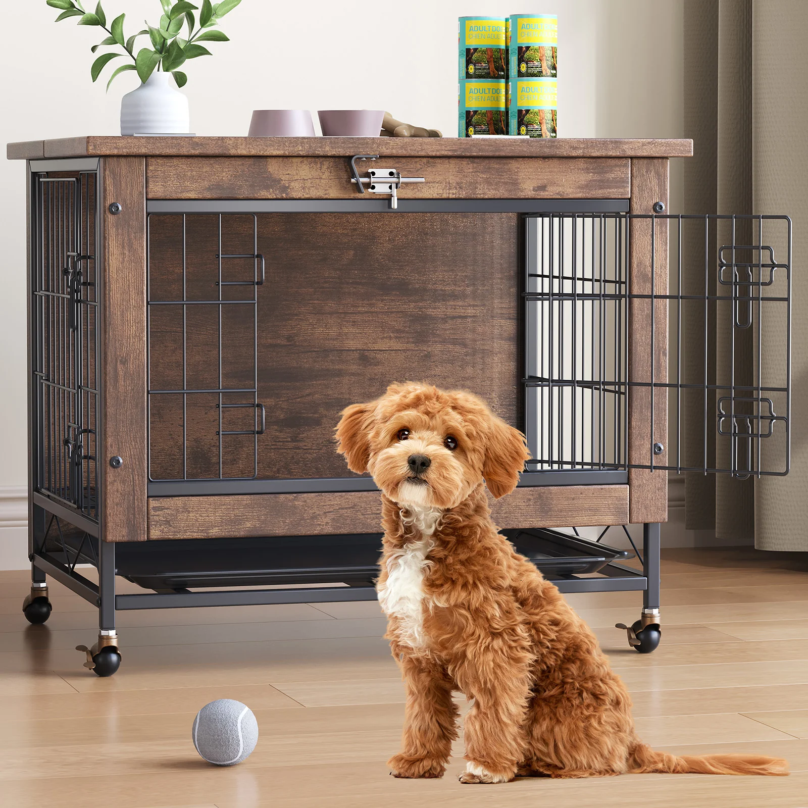 Garvee Small Dog Crate Furniture with 2 Doors and Wheels, Top-Opening Heavy Duty Wooden Indoor Kennel Dog House Cage with Anti-Chew, Removable Tray, Side End Table for Small Medium Dogs, Brown - Image 8