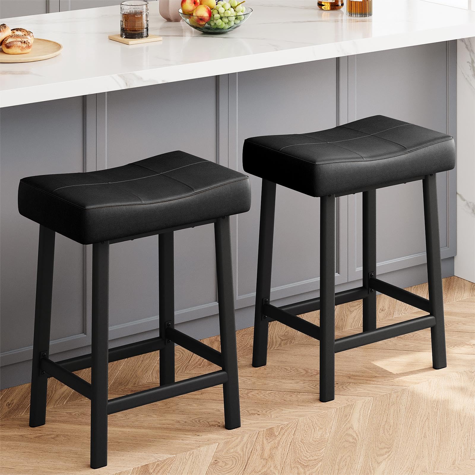 Garvee 24 Inch Backless Saddle Barstools Set of 2, Counter Height Upholstered Padded Barstools with Curved Surface, Metal Leg and Footrest, for Kitchen Counter, Home Bar (Black) - Image 6