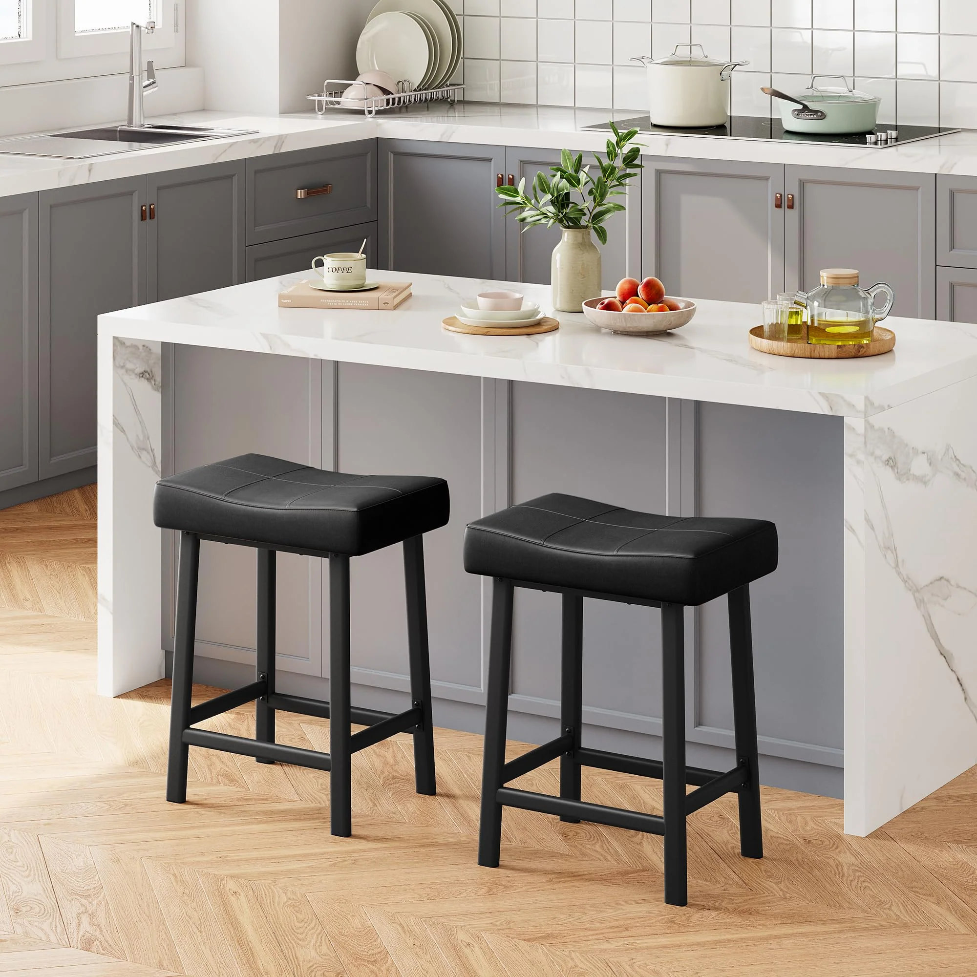 Garvee 24 Inch Backless Saddle Barstools Set of 2, Counter Height Upholstered Padded Barstools with Curved Surface, Metal Leg and Footrest, for Kitchen Counter, Home Bar (Black) - Image 7