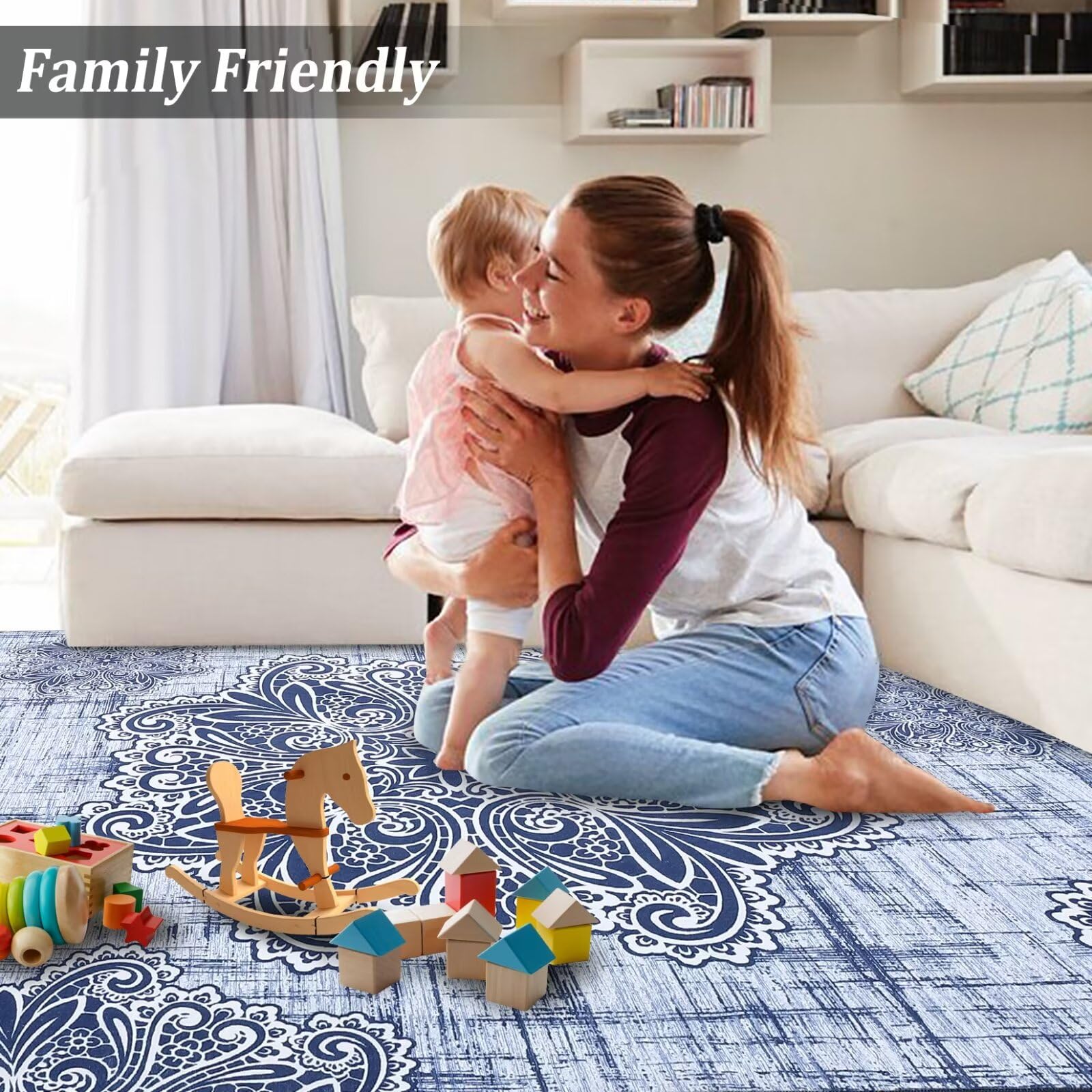 Garvee Area Rug 2x6 Washable Rug Runner Rug Medallion Vintage Rugs Hallway Distressed Rug Kitchen Blue Indoor Foldable Thin Rug Non Slip Carpet Bathroom - Image 3