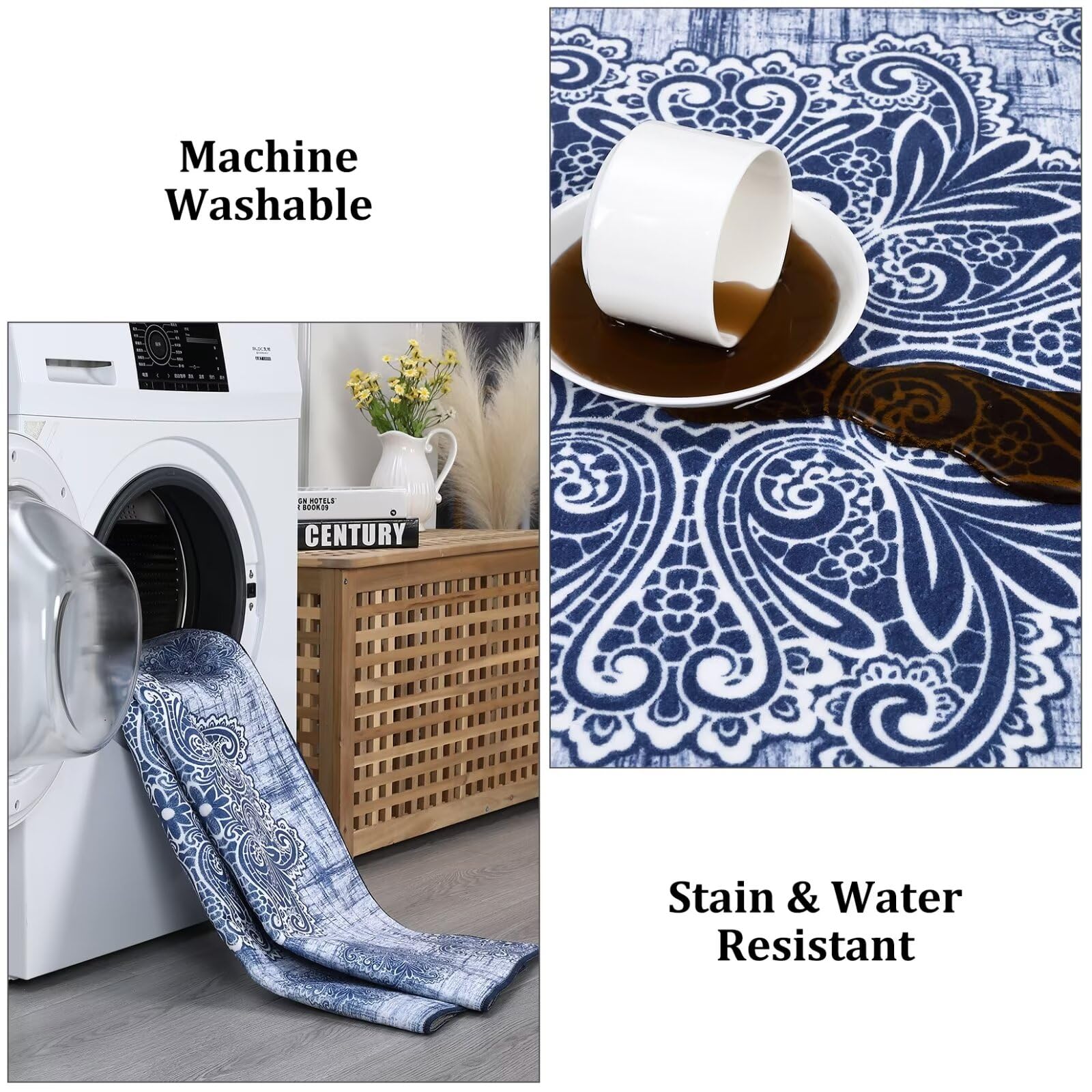 Garvee Area Rug 2x6 Washable Rug Runner Rug Medallion Vintage Rugs Hallway Distressed Rug Kitchen Blue Indoor Foldable Thin Rug Non Slip Carpet Bathroom - Image 4